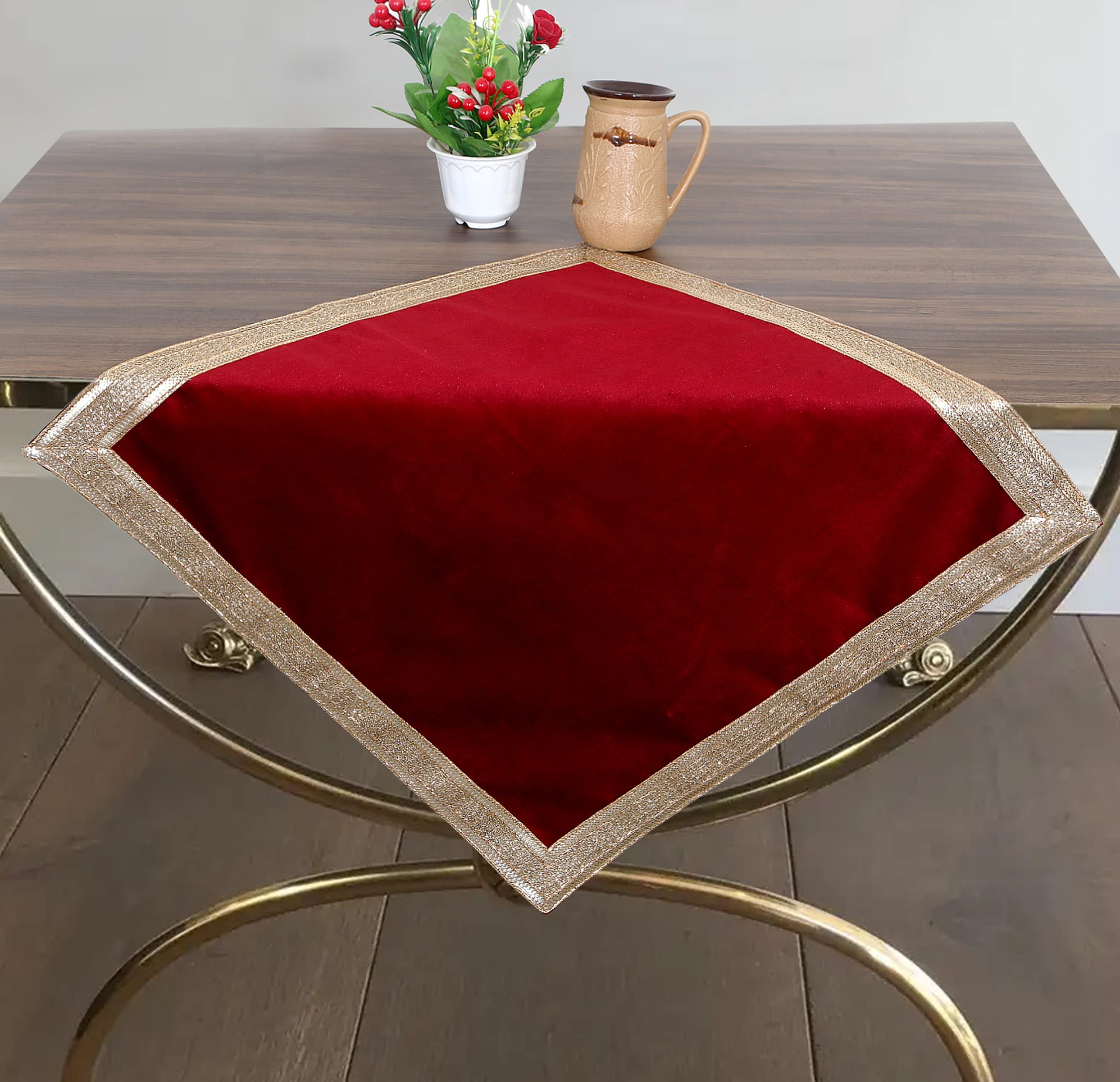 Indian Consigners Solid Red Velvet Cloth With Golden Shinny Border, Aasan Pooja Puja Cloth Poojan Table Cloth Holy Cloth