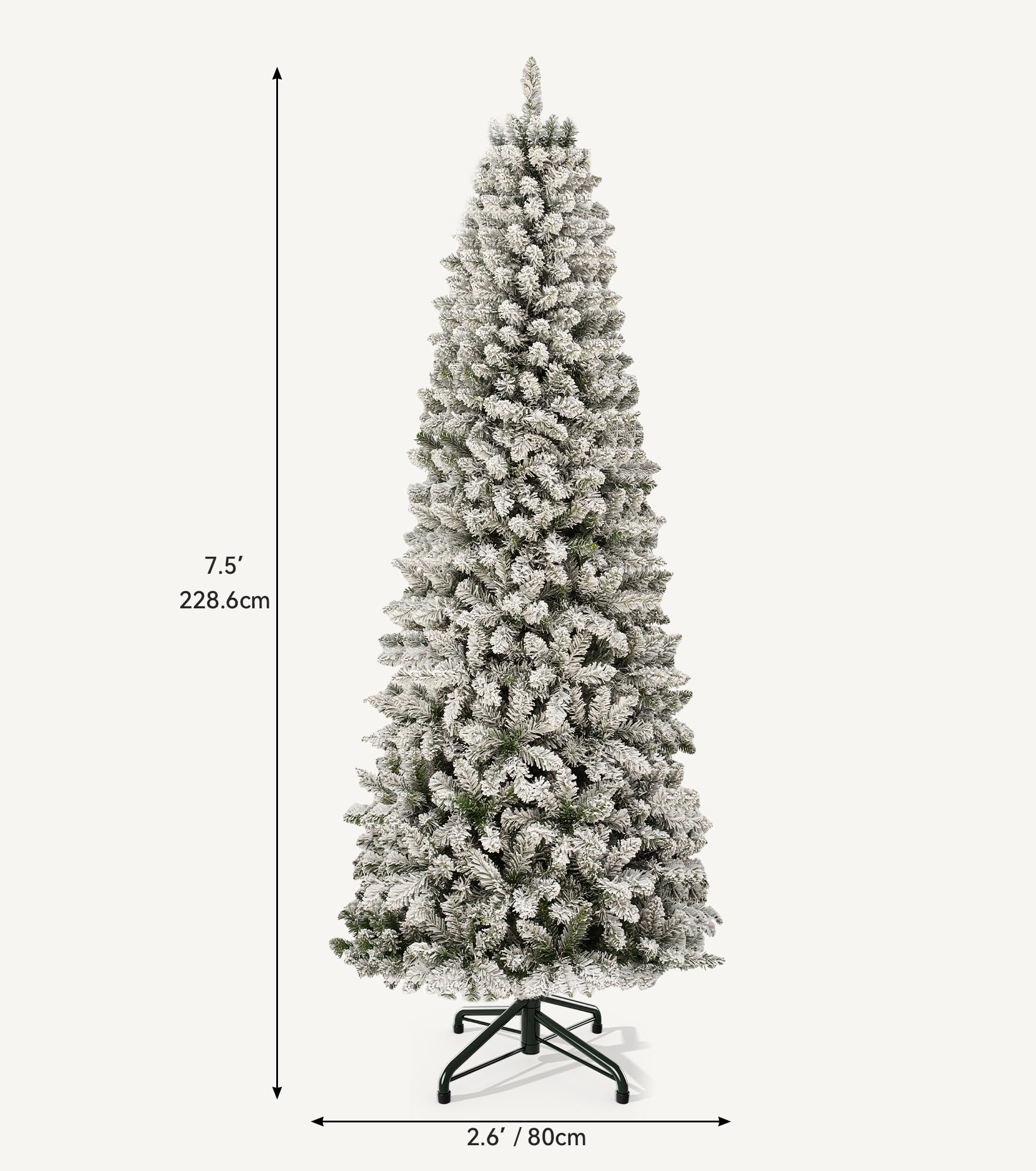 DWVO 7.5ft Snowy Pencil Christmas Tree with Lights, Elegant Kingswood Fir, Folding Faux Slim Xmas Tree with 1000 Branch Tips and