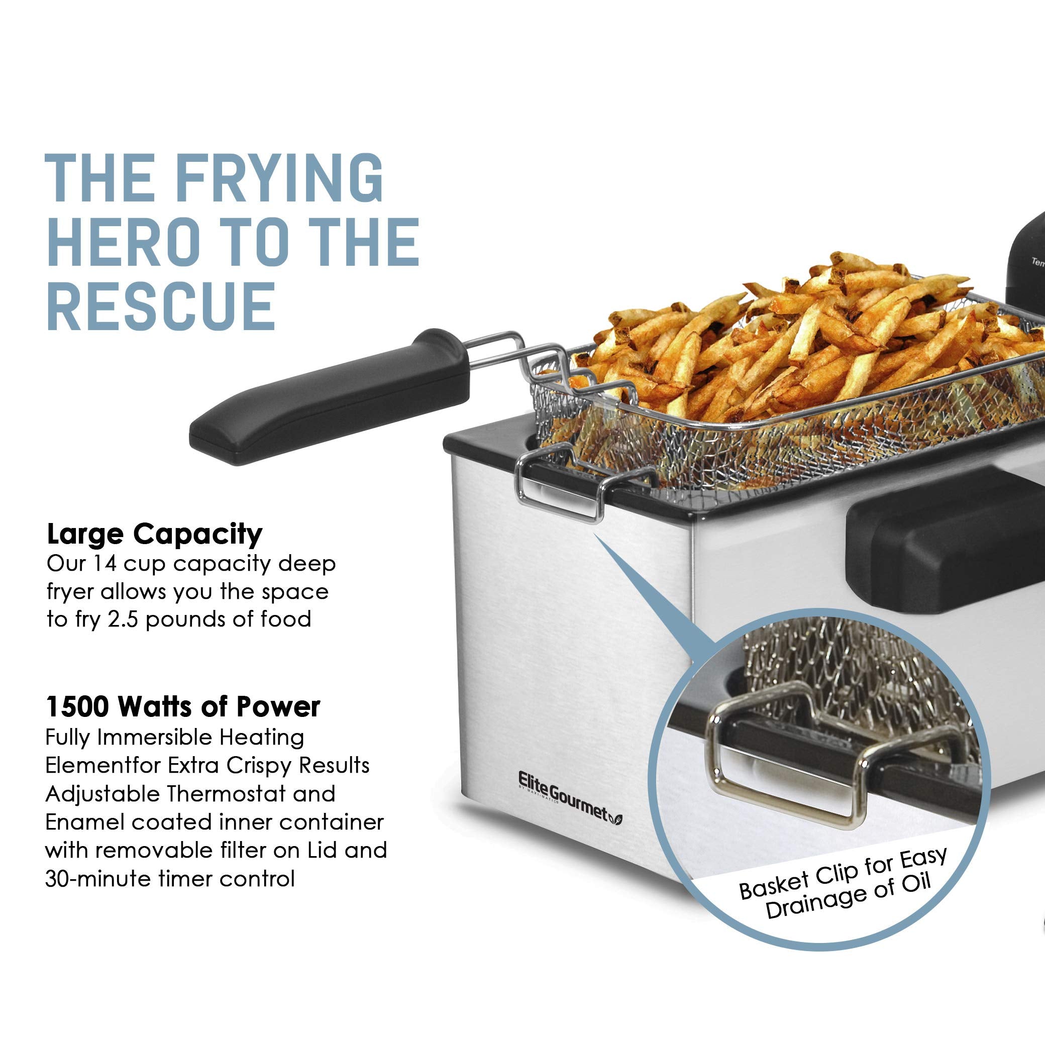 Elite Gourmet Edf-3500 Electric Immersion Deep Fryer. Removable Basket, Timer Control Adjustable Temperature, Lid With Viewing W