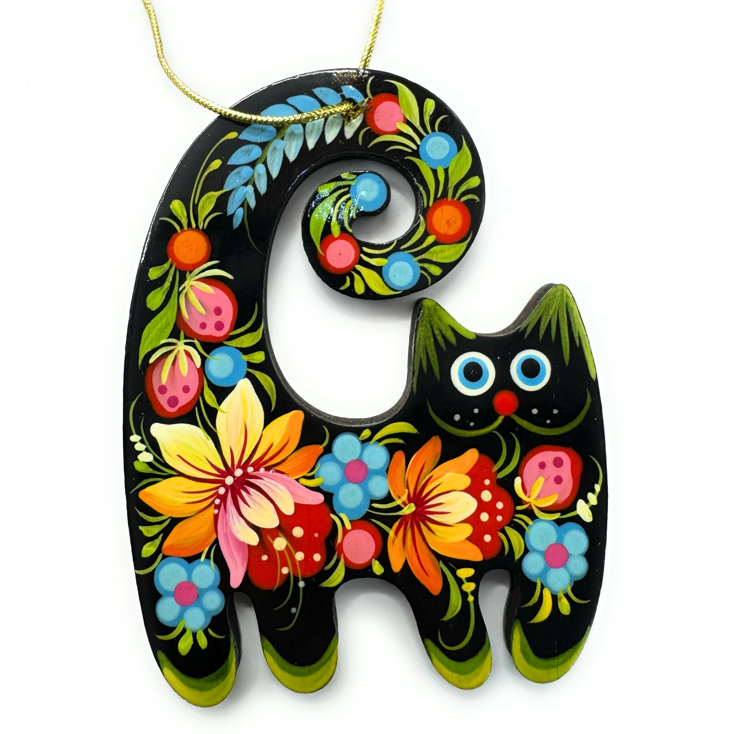 Black Cat Christmas Ornament Wooden Flat 3,3 ? 2,8 ? 0,2 Inch | 7 ? 8,5 ? 0,5 cm Floral Hand-painted on both Sides Cat lovers tr