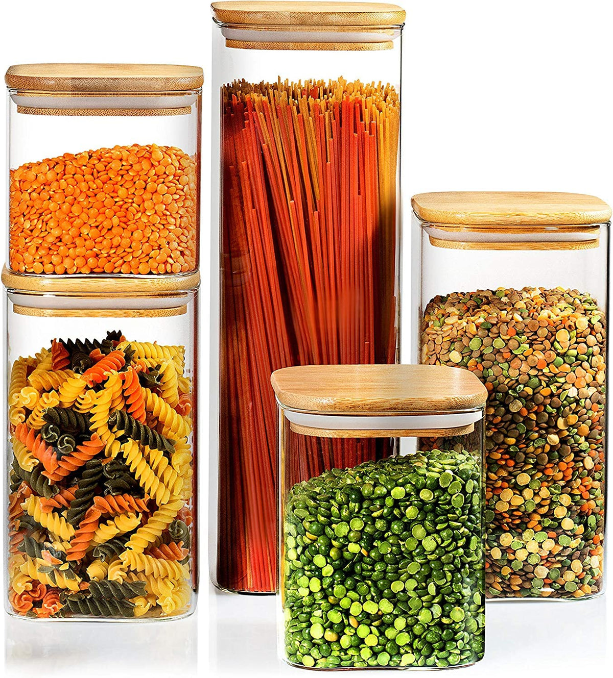 5 Square Canisters, Glass Kitchen Canister With Airtight Bamboo Lid, Glass Storage Jars For Kitchen, Bathroom And Pantry Organiz