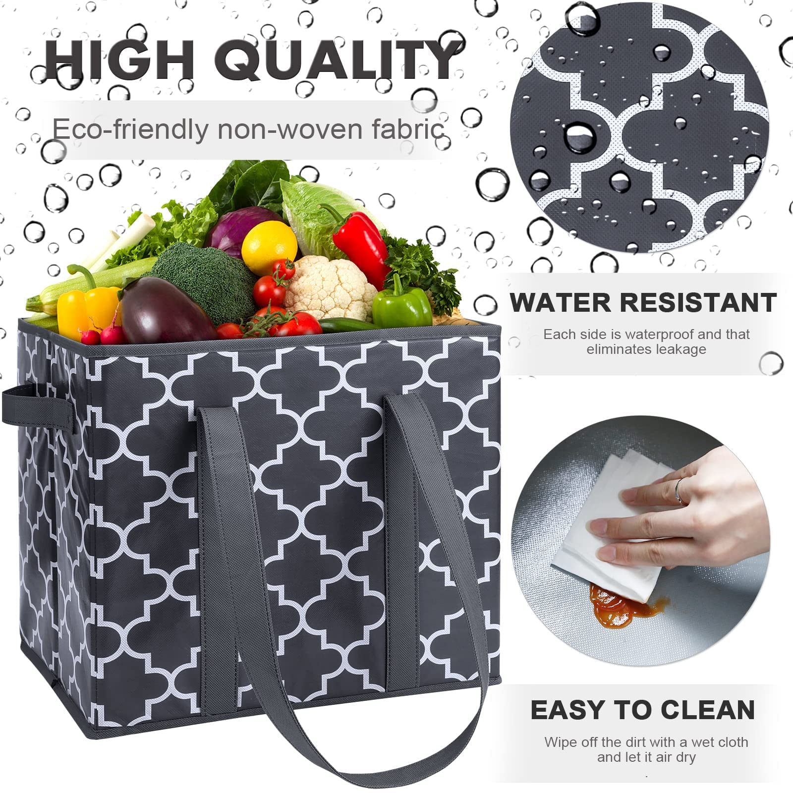 Wiselife Reusable Grocery Bags 6-Pack Foldable Washable Large Storage Bins Basket Water Resistant Shopping Tote Bag Dark Grey