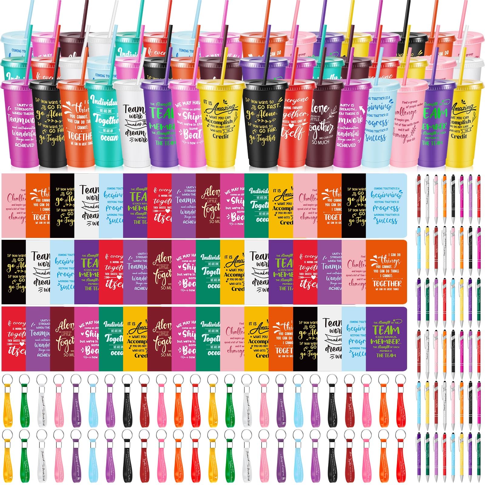 Hollowfly 48 Sets / 192 Pcs Team Appreciation Gifts for Employee 24 oz Inspirational Plastic Cups Bulk with Lid and Straw Notebo