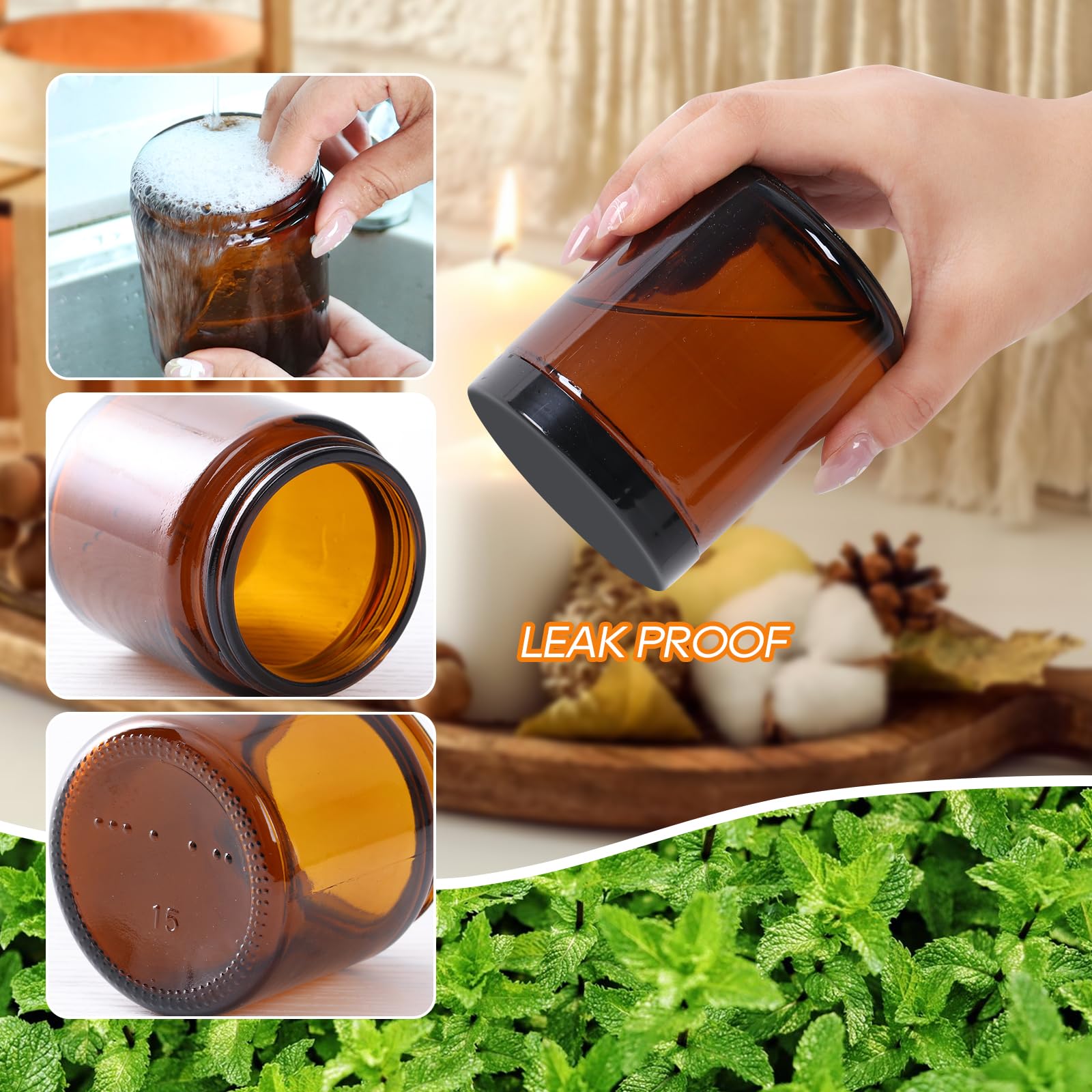 3 Pack 8 Oz Amber Glass Jars With Lids, Cosmetic Jars With Inner Liners And Black Lids, Lotion Jars, Candle Making Jars For Loti
