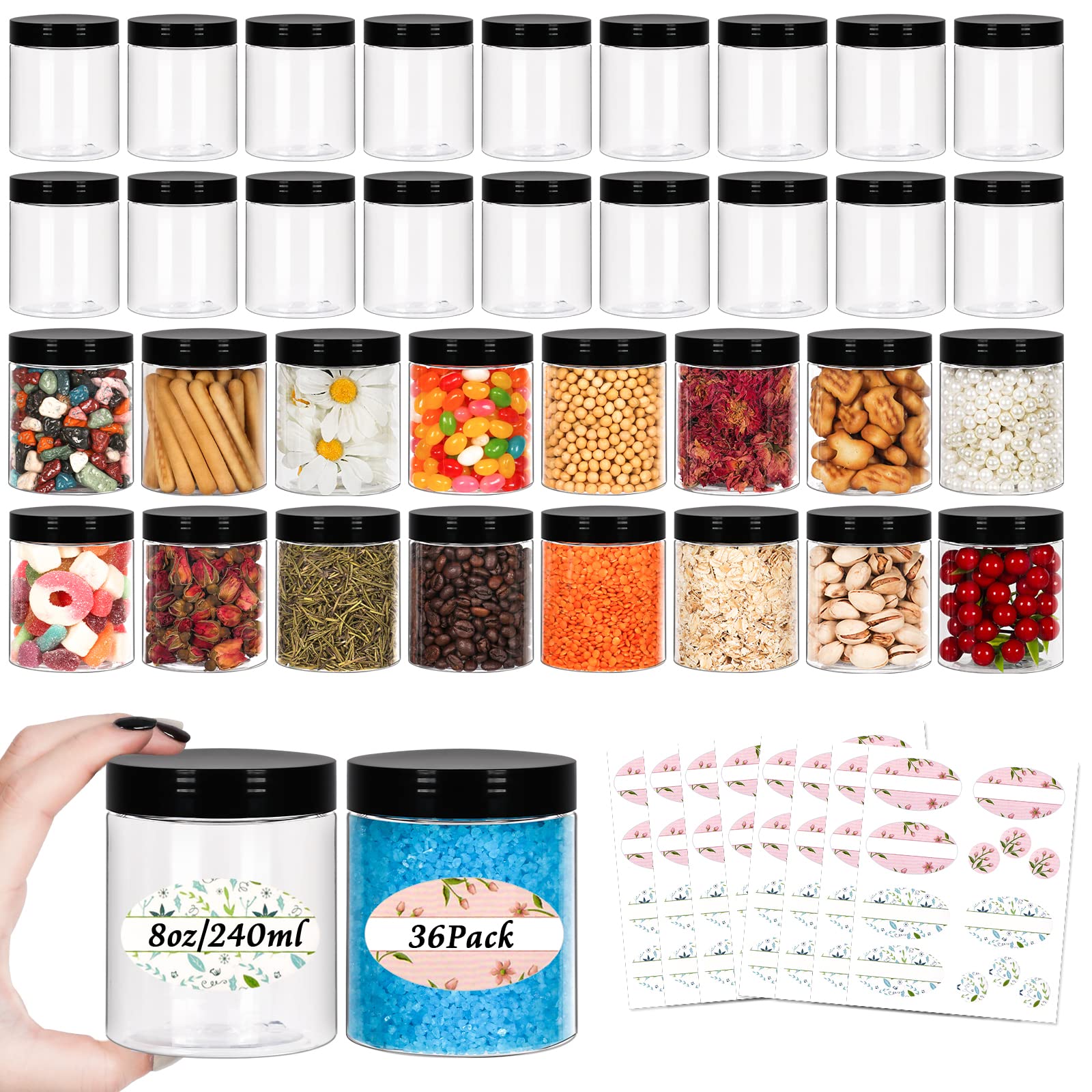 Jaisie.W 8Oz Plastic Jars With Lids 36Pack, 8Fl.Oz Plastic Containers With Lids- Clear Food-Grade Plastic Storage Containers Wit