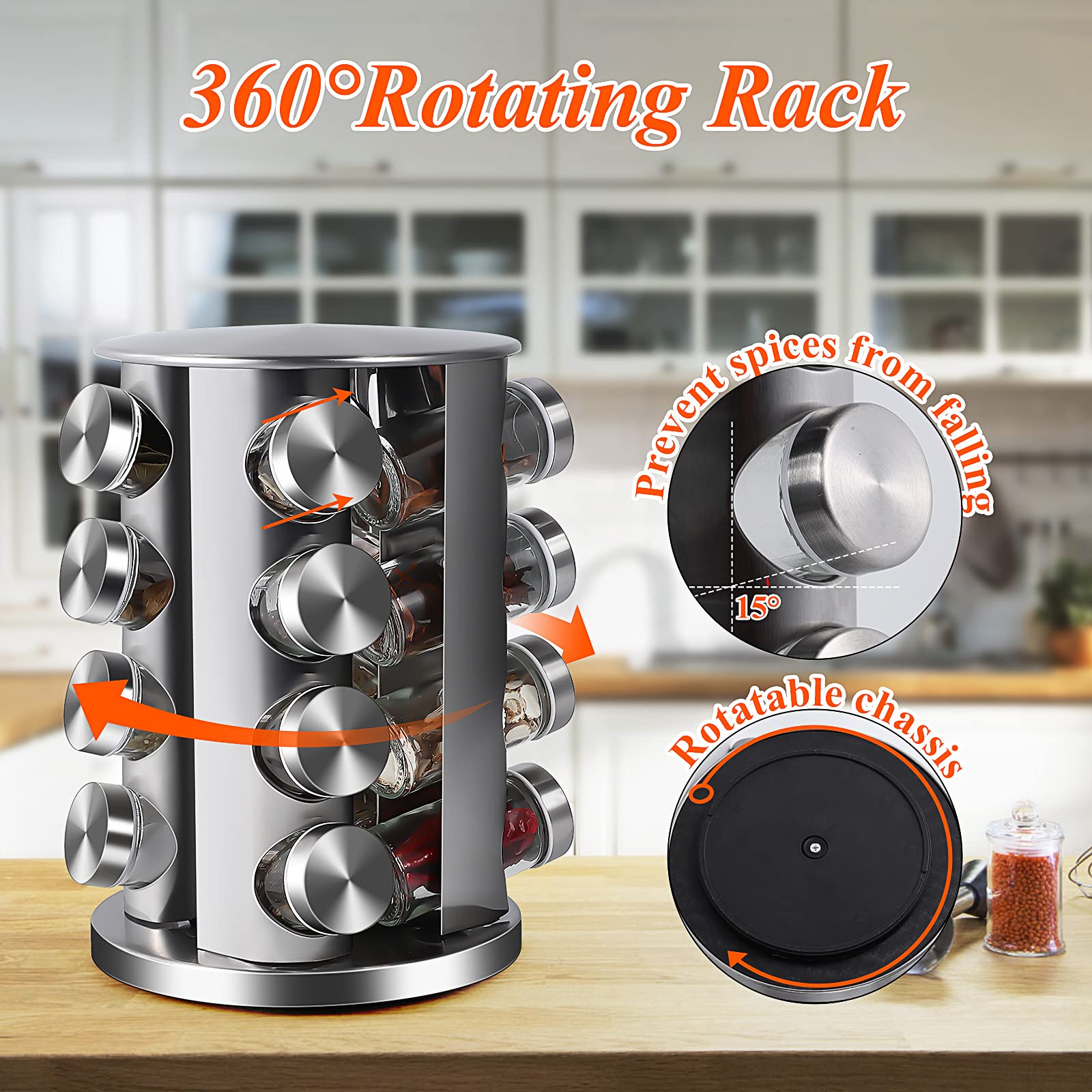 DOUBLE 2 C Revolving Countertop Spice Rack Stainless Steel Seasoning Storage Organization,Spice Carousel Tower for Kitchen Set o