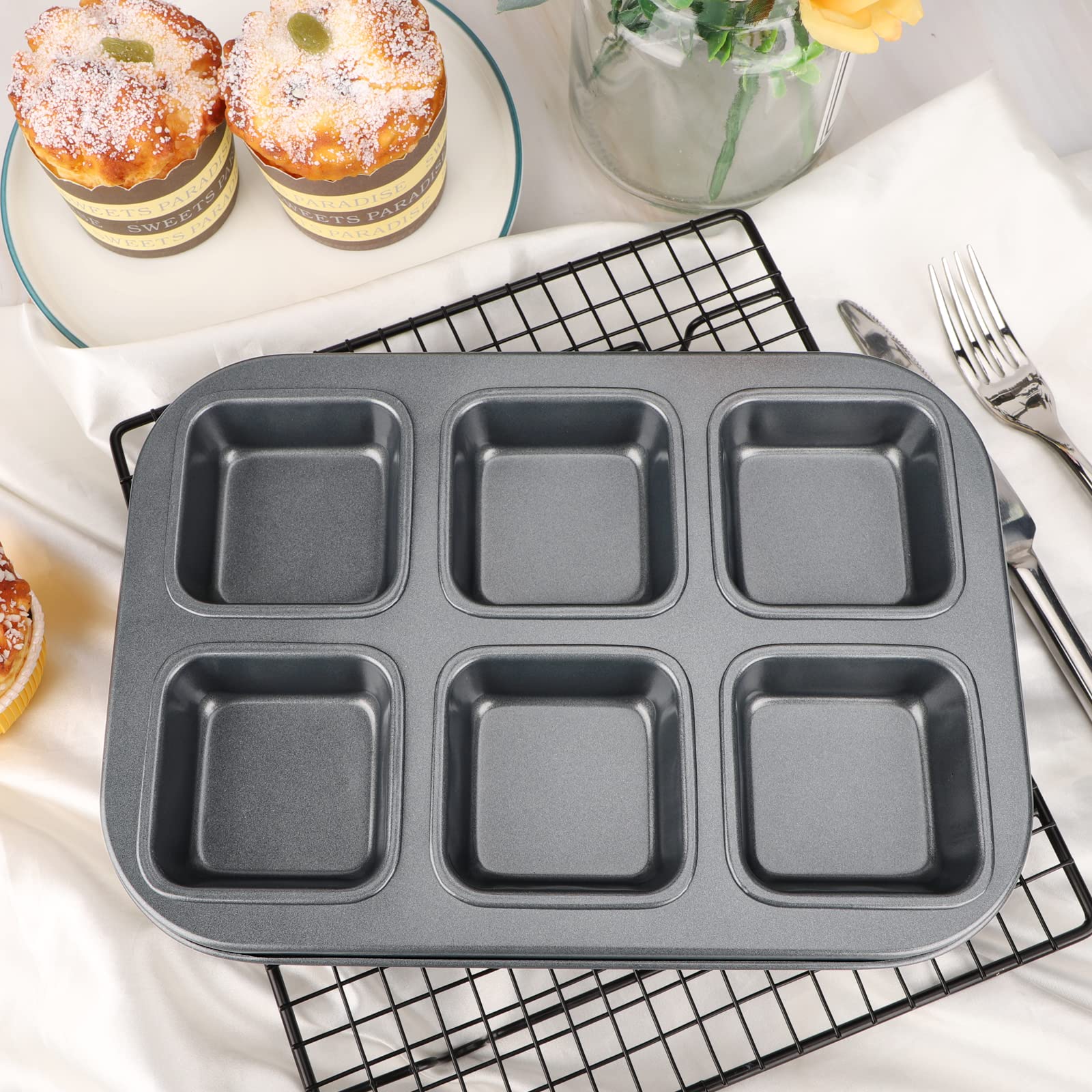 Beasea Square Brownie Pan, Nonstick 6 Cavity Muffin Pan Brownie Cake Pan Mini Cheesecake Cupcake Bakeware Carbon Steel Brownie B