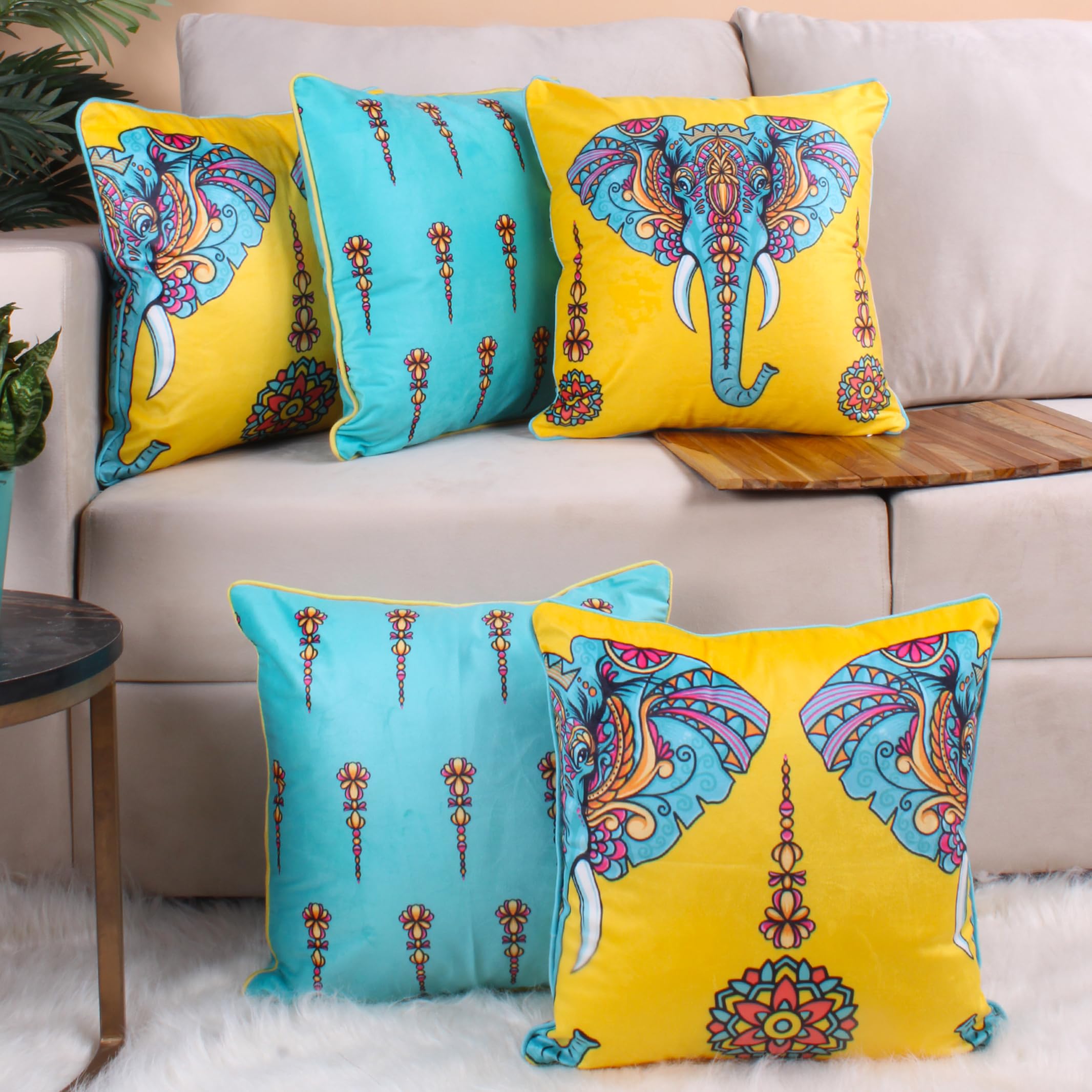 STITCHNEST Both Sided Printed Velvet Cushion Cover with Piping (16 X 16 Inches, Exotic)