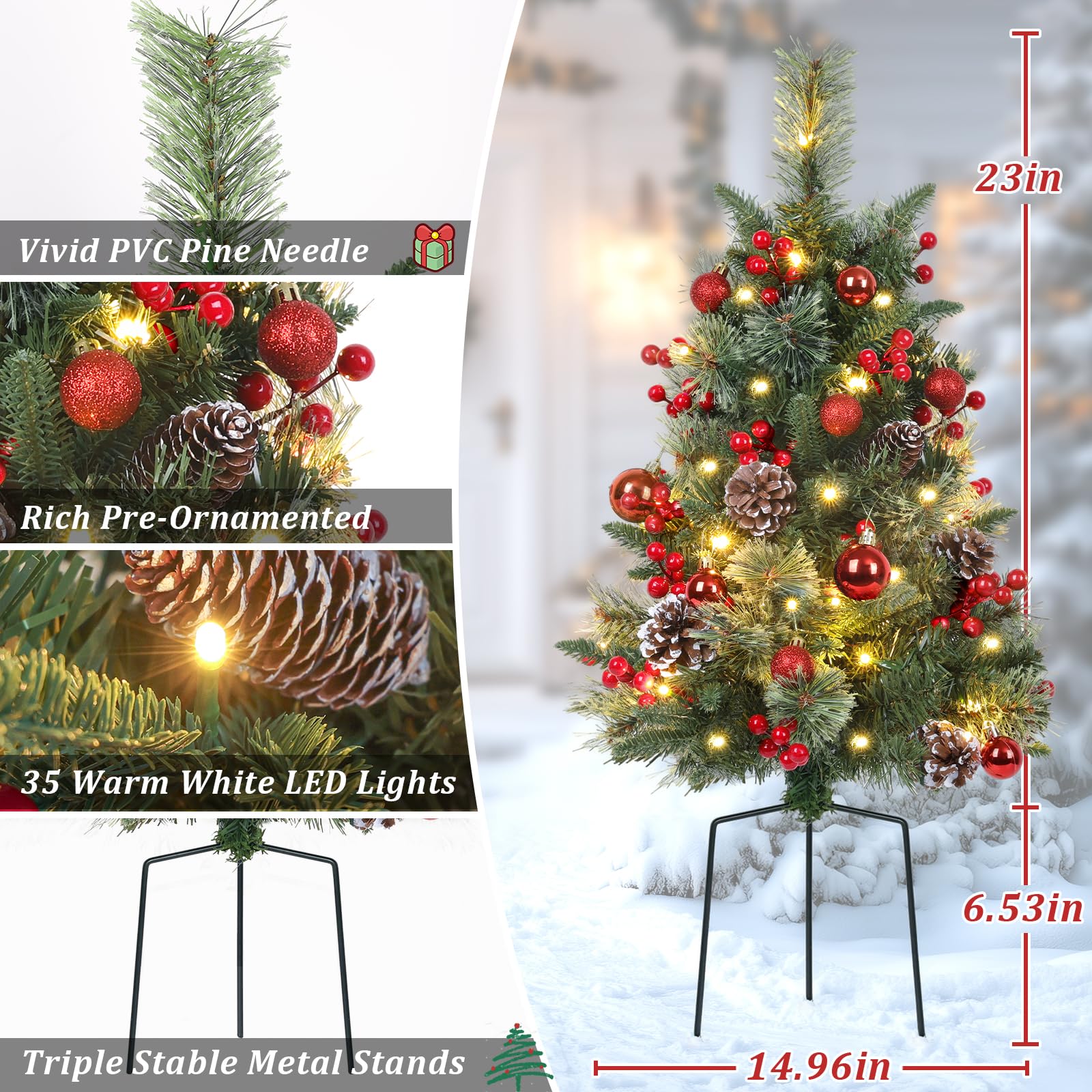 TOWPONICS Set of 2 Outdoor Pathway Christmas Trees with Lights, 30in Prelit Battery Operated Artificial Xmas Tree Holiday D  cor