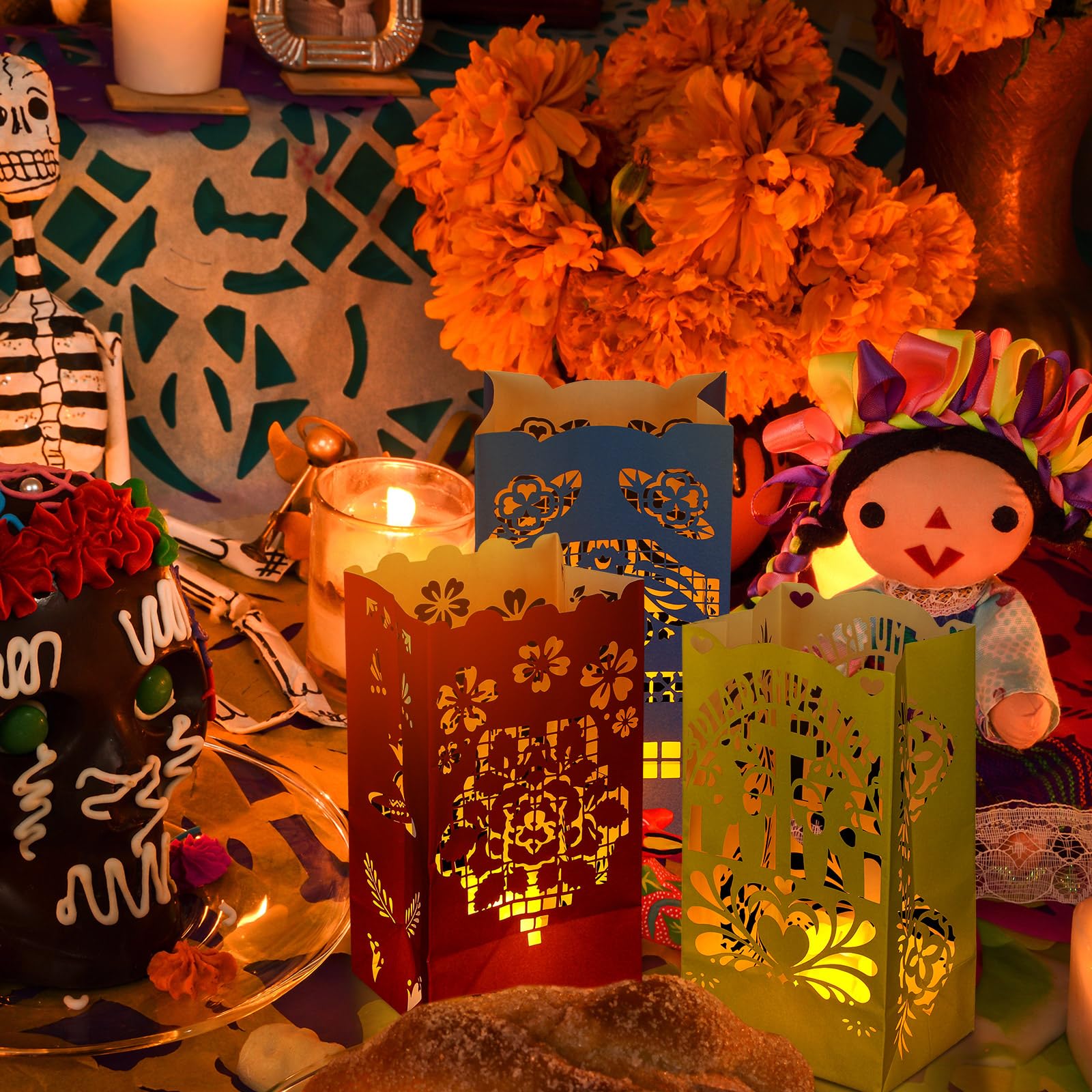Sayglossy 50 Pieces Dia De Los Muertos Luminary Bags Decorations, Halloween Day of the Dead Candle Goodie Bags Flame Resistant M