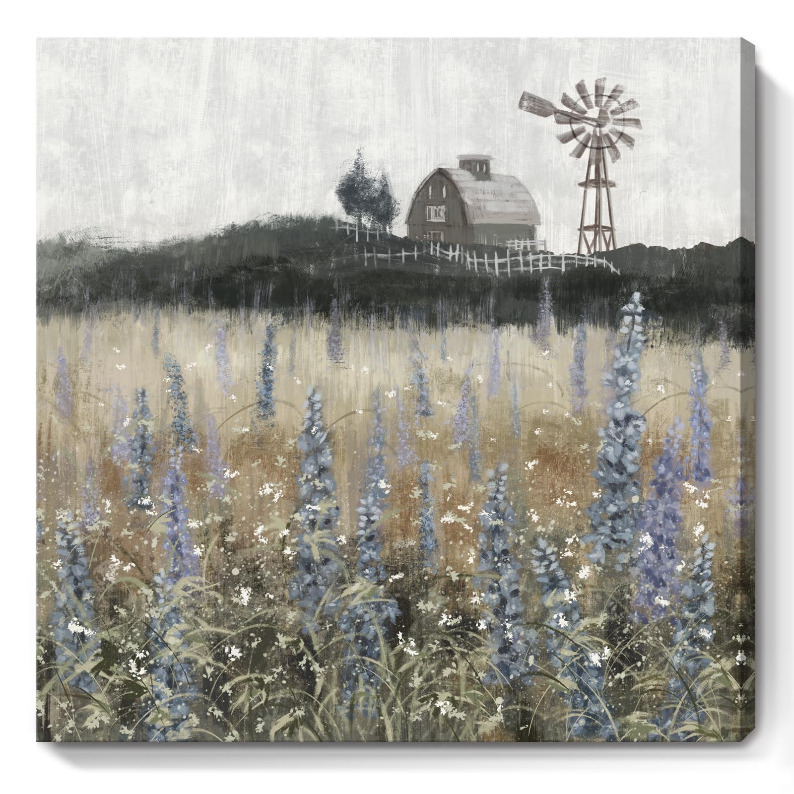 Bathroom Wall Art Vintage Farmhouse Canvas Print Retro Countryside Flower Field Nature Meadow Landscape Rustic Windmill Barn Pic