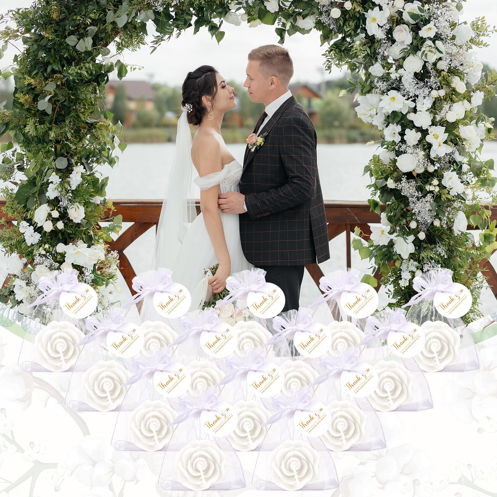 Treela 24 Set Flower Candles Wedding Favor for Guests Mini White Rose Shaped Tealight Candles for Return Gift Wedding Birthday B