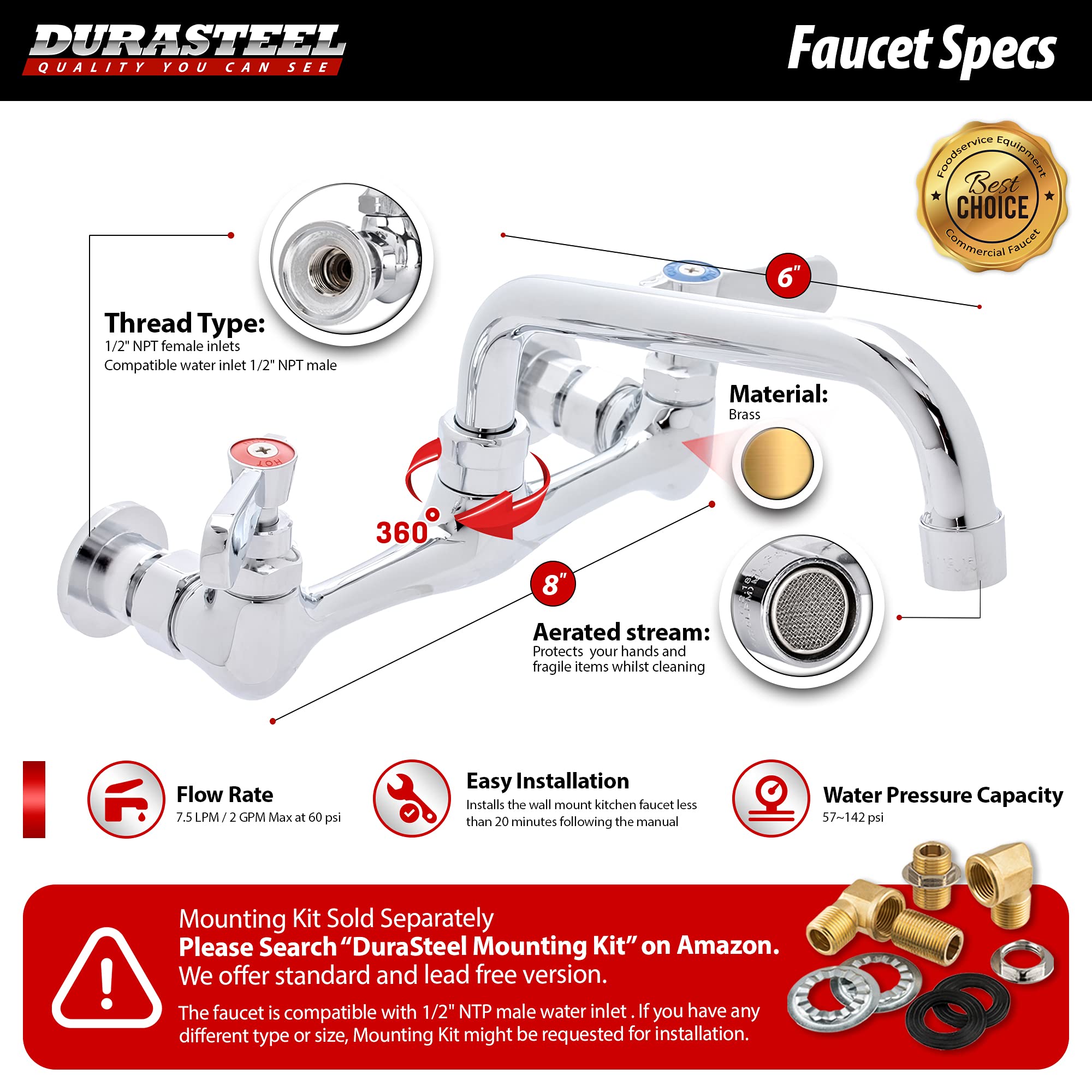 Kitchen Sink Faucet Wall Mount - Durasteel 8'' Center Commercial Kitchen Sink Faucet With 6'' Swivel Spout - Dual Lever Handles