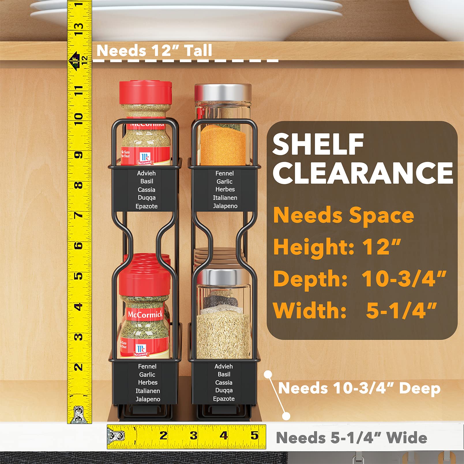 SpaceAid Pull Out Spice Rack Organizer, Heavy Duty Metal 2-Tier, 5.2"W x 10.75"D x 10"H, Black, Model hg-22x2-black