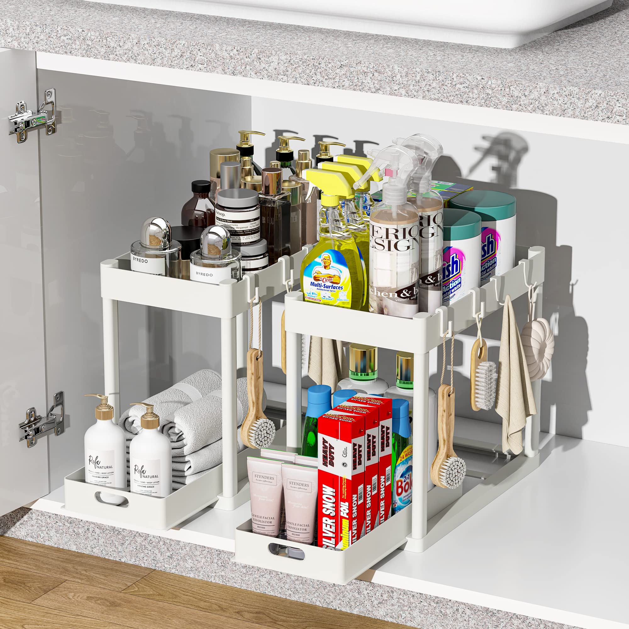 2Pc Under Sink Organizer Rack 2 Tier Under Sliding Cabinet Basket Organizer Drawer With 4 Hooks, Multi-Purpose Under Sink Storag