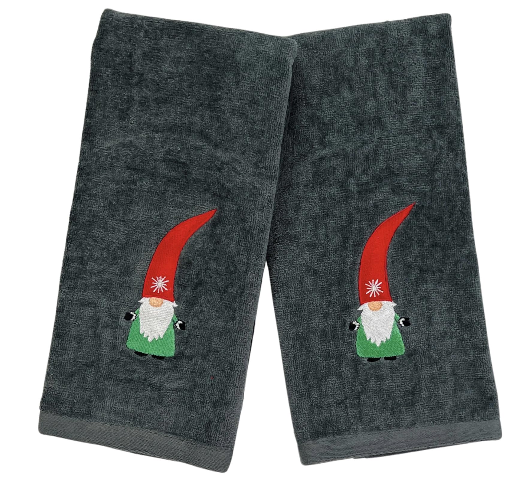 Christmas Guest Hand Towels: Grey Plush Terry Cotton Embroidered Spritly Gnome