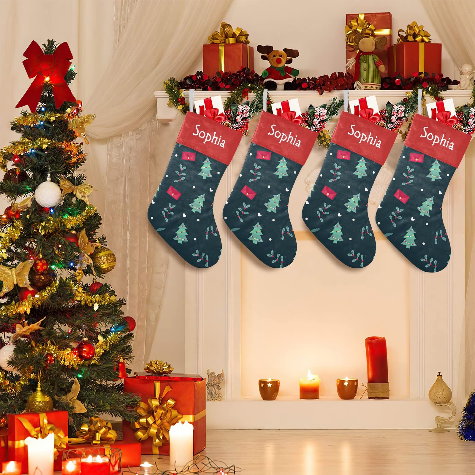 Christmas Tree Dark Green Personalized Christmas Stockings with Name Custom Xmas Gift Fleece Holiday Decoration Gift 17.52 x 7.8