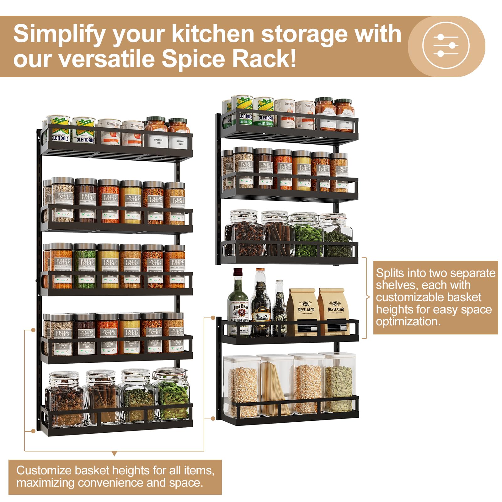 X-cosrack Wall Mount Spice Rack Organizer, 5 Tier, Height-Adjustable, Carbon Steel, 32.3'' x 16.6'' x 5.4'', Black,