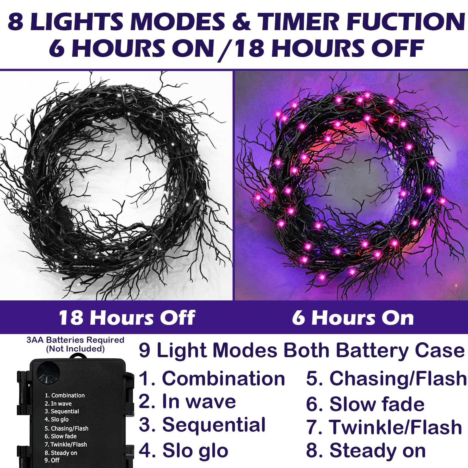 [ 8 Modes & Timer ] 9 Ft 66 LED Halloween Willow Vine Twig Decor Garland Decorations with Purple Lights, Halloween Garland with