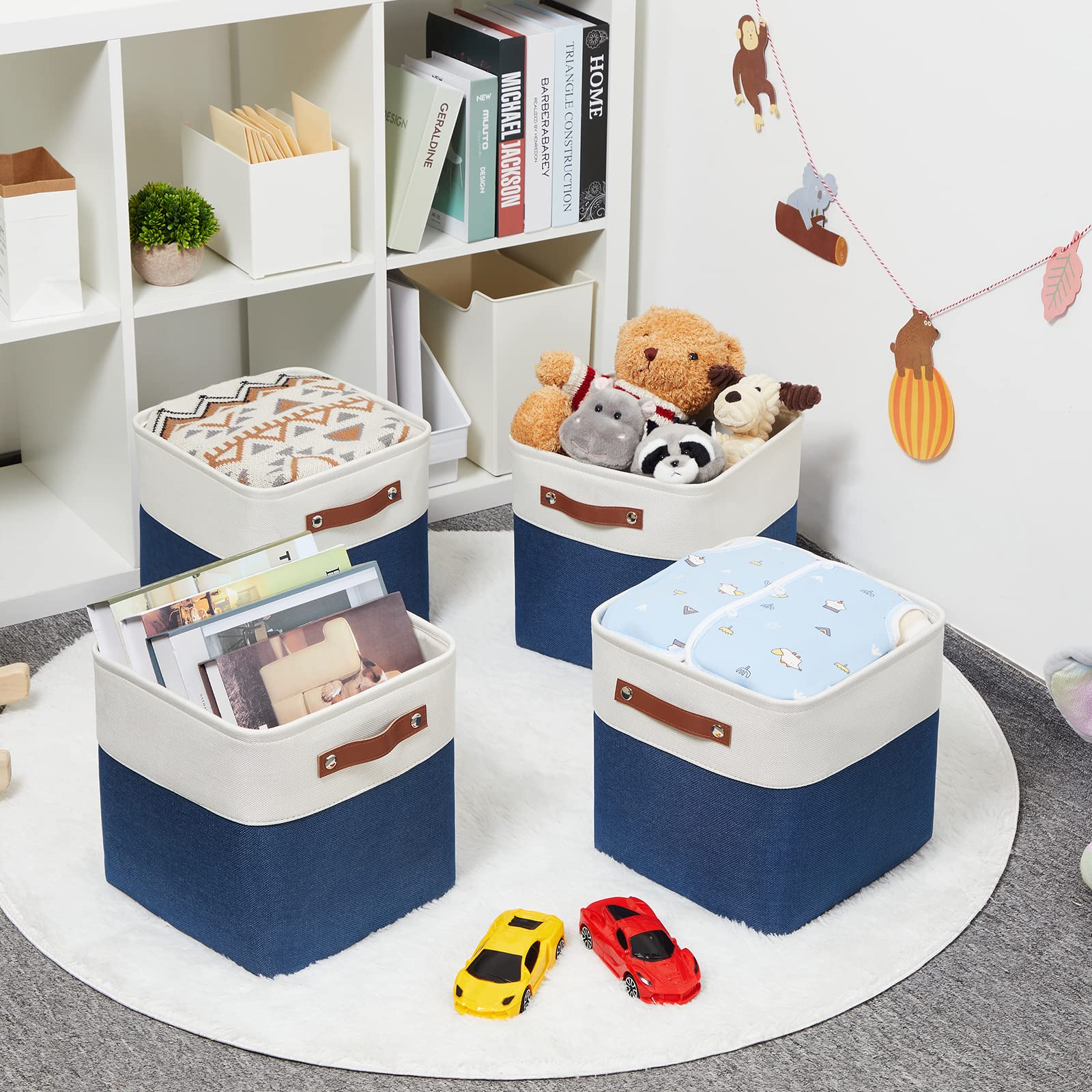 HNZIGE Fabric Cube Storage Bins Basket for Shelves Set of 4  Fabric Storage Cubes Baskets Closet Storage Bins for Cube with Handles  Cubby Storage Bins for Organizing Home Office (White Blue)
