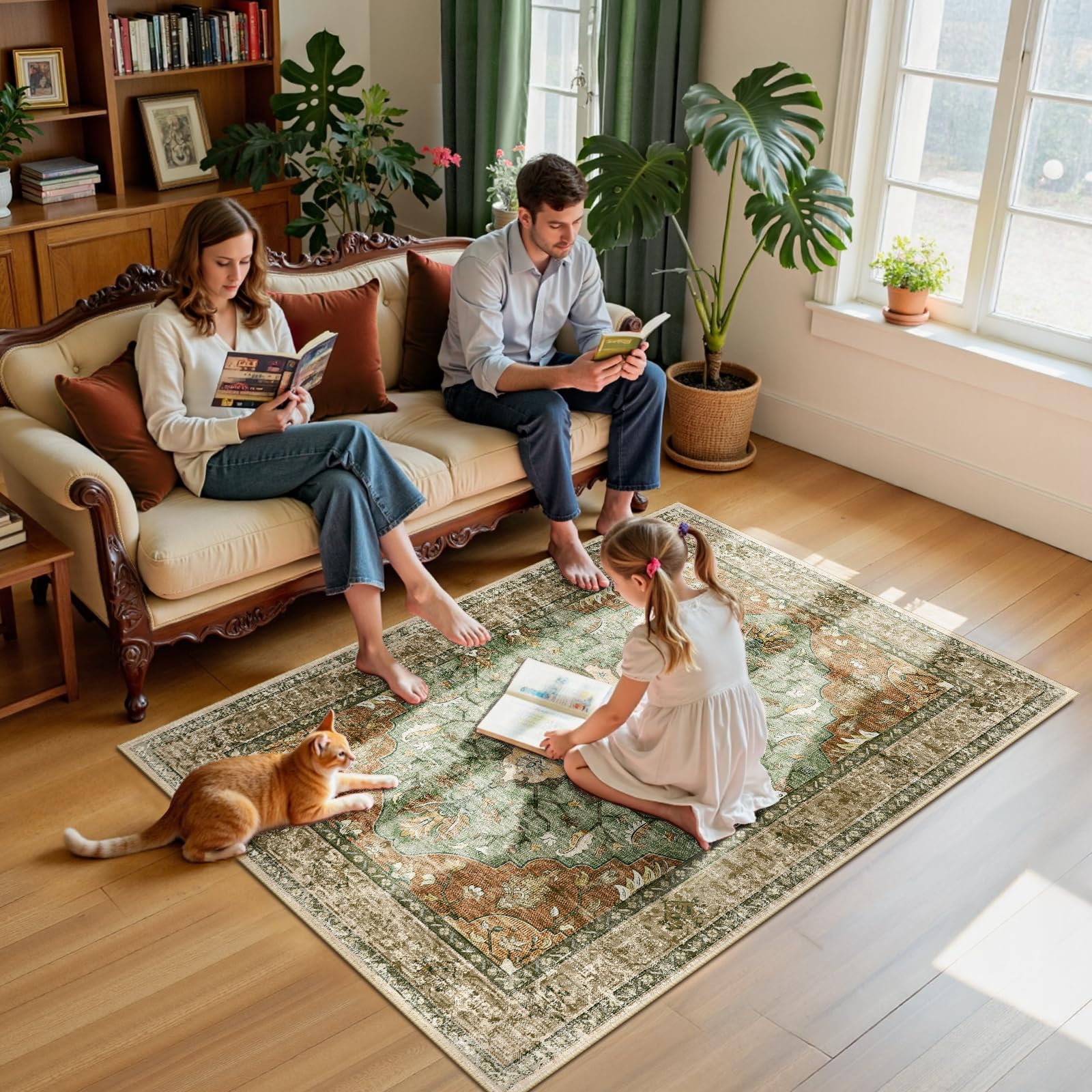 RELEANY Area Rugs 4x6 Washable Non-Slip, Floral Vintage Distress Print Pattern Medallion Carpet for Living Room Bedroom Dining