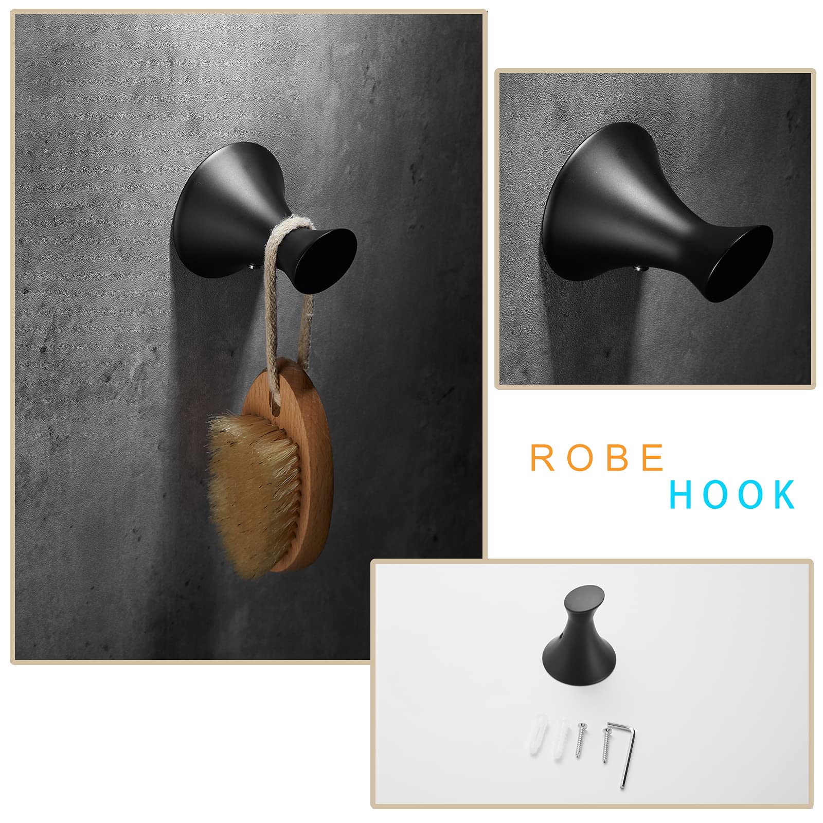 Newrain 3-Piece Bathroom Hardware Set, Matte Black - Hand Towel Ring, Toilet Paper Holder, Robe Towel Hooks