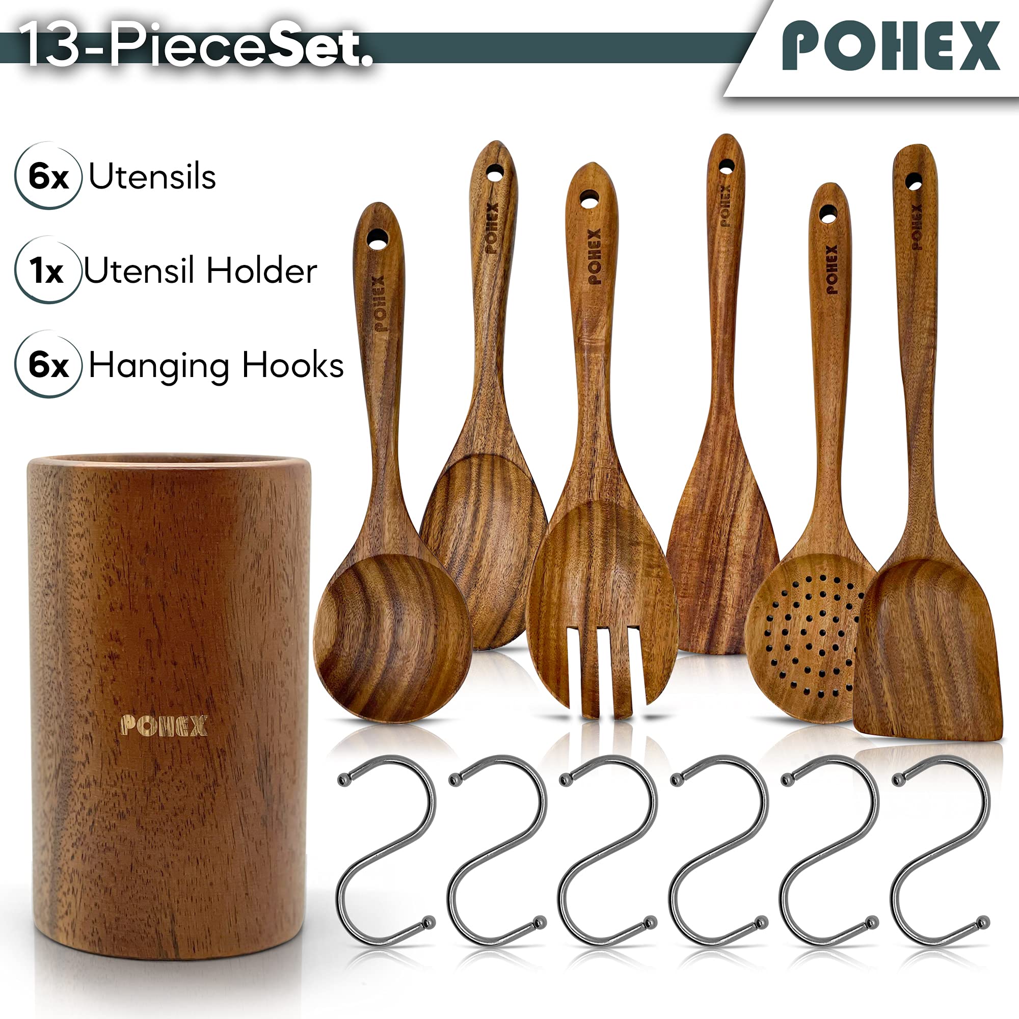 Pohex Teak Wood 12 Piece Kitchen Utensil Set With Wooden Holder/Barrel, 6 Gadgets Wooden Spatula, Spurtle, Slotted Spoon, Salad