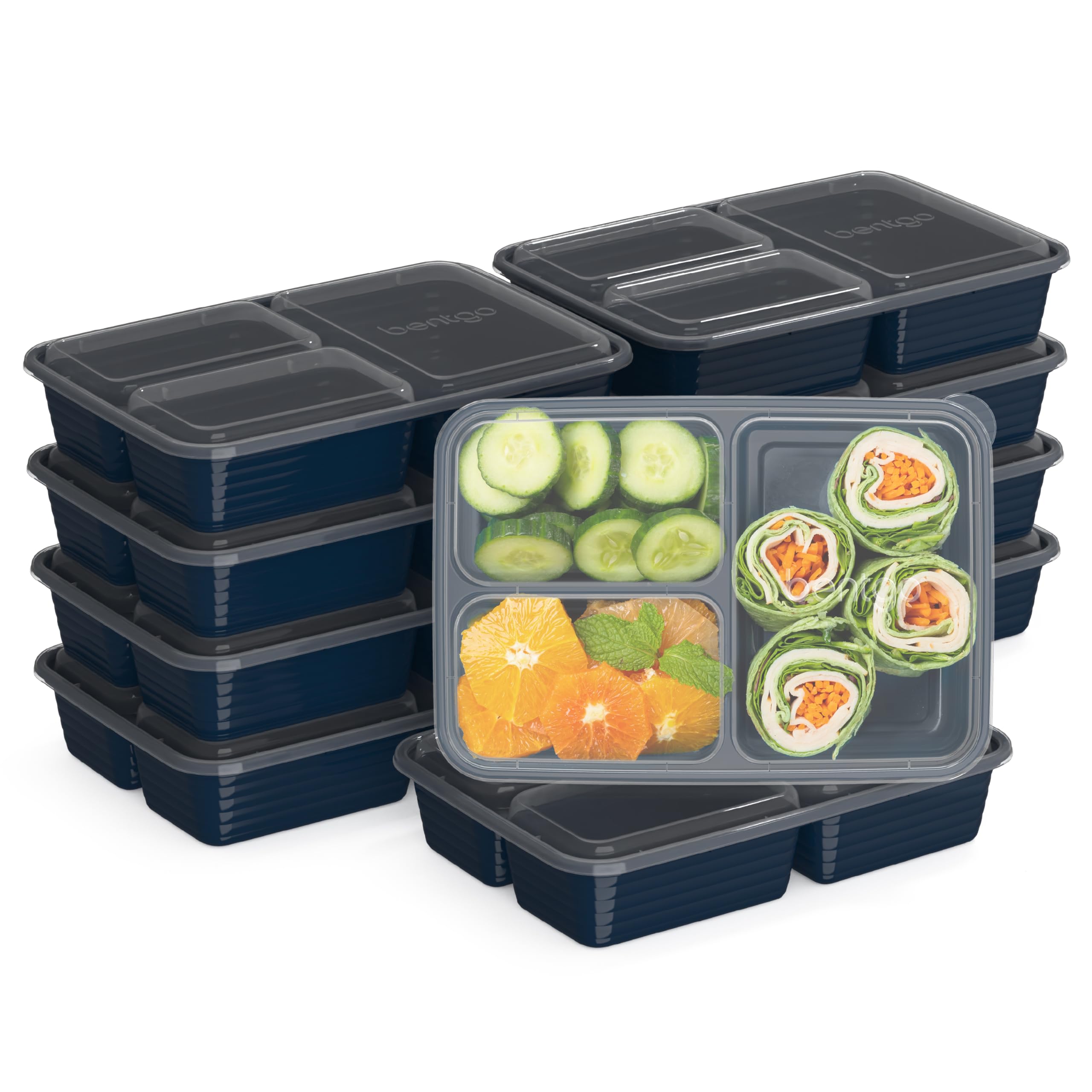 Bentgo 20-Piece Lightweight, Durable, Reusable Bpa-Free 3-Compartment Containers - Microwave, Freezer, Dishwasher Safe - Navy Bl