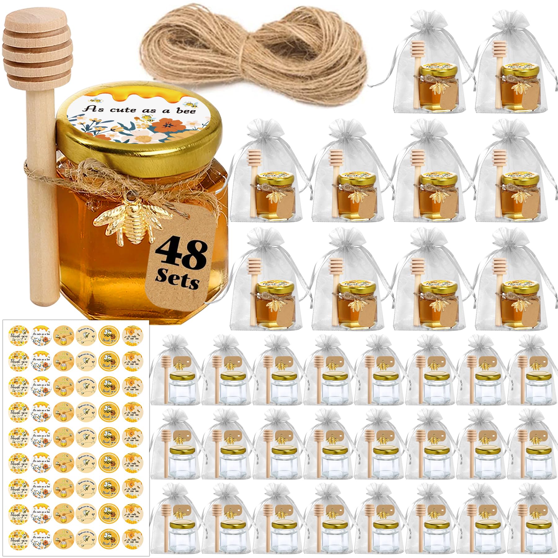 Aliggbent 48 Pack Mini Honey Jars Party Favors in Bulk, 1.5 oz Small Hexagon Glass Honey Jars with Dippers, Lids, Cute Stickers,