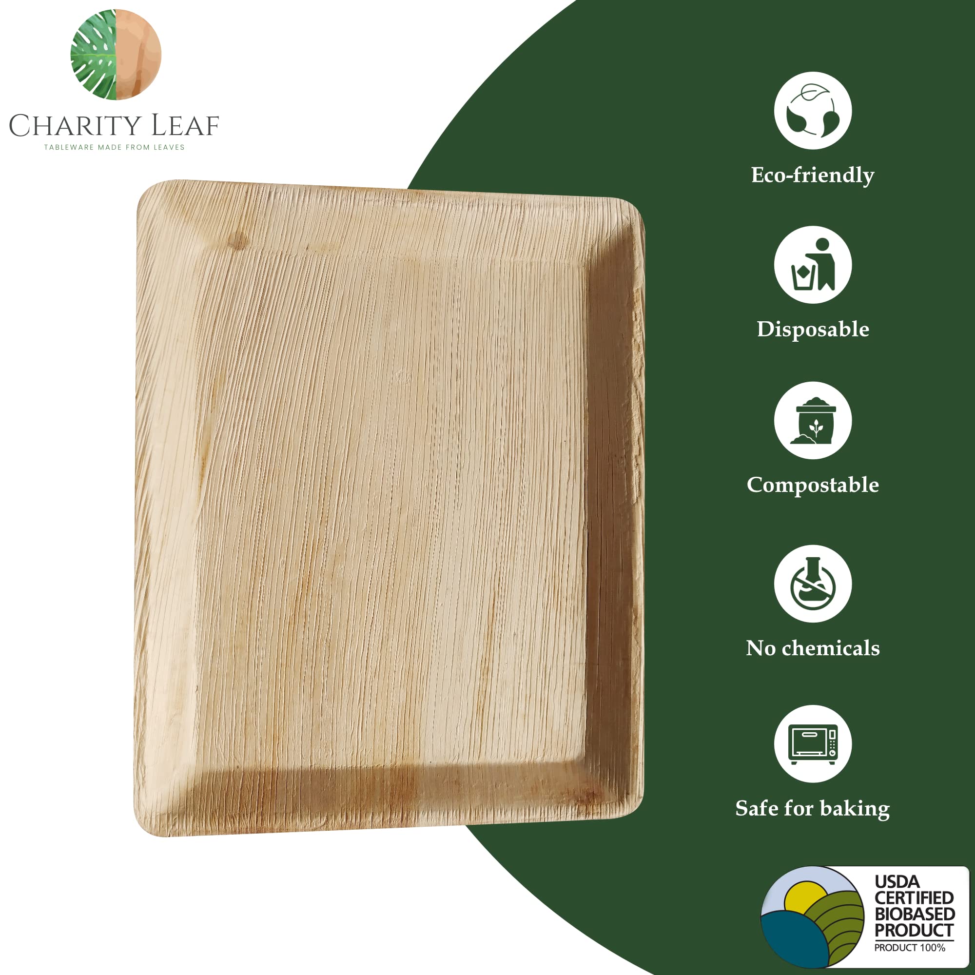 Charity Leaf Disposable Palm Leaf 12'' X 10'' Trays (10 Pieces) Bamboo Like Serving Platters, Disposable Boards, Eco-Friendly Di
