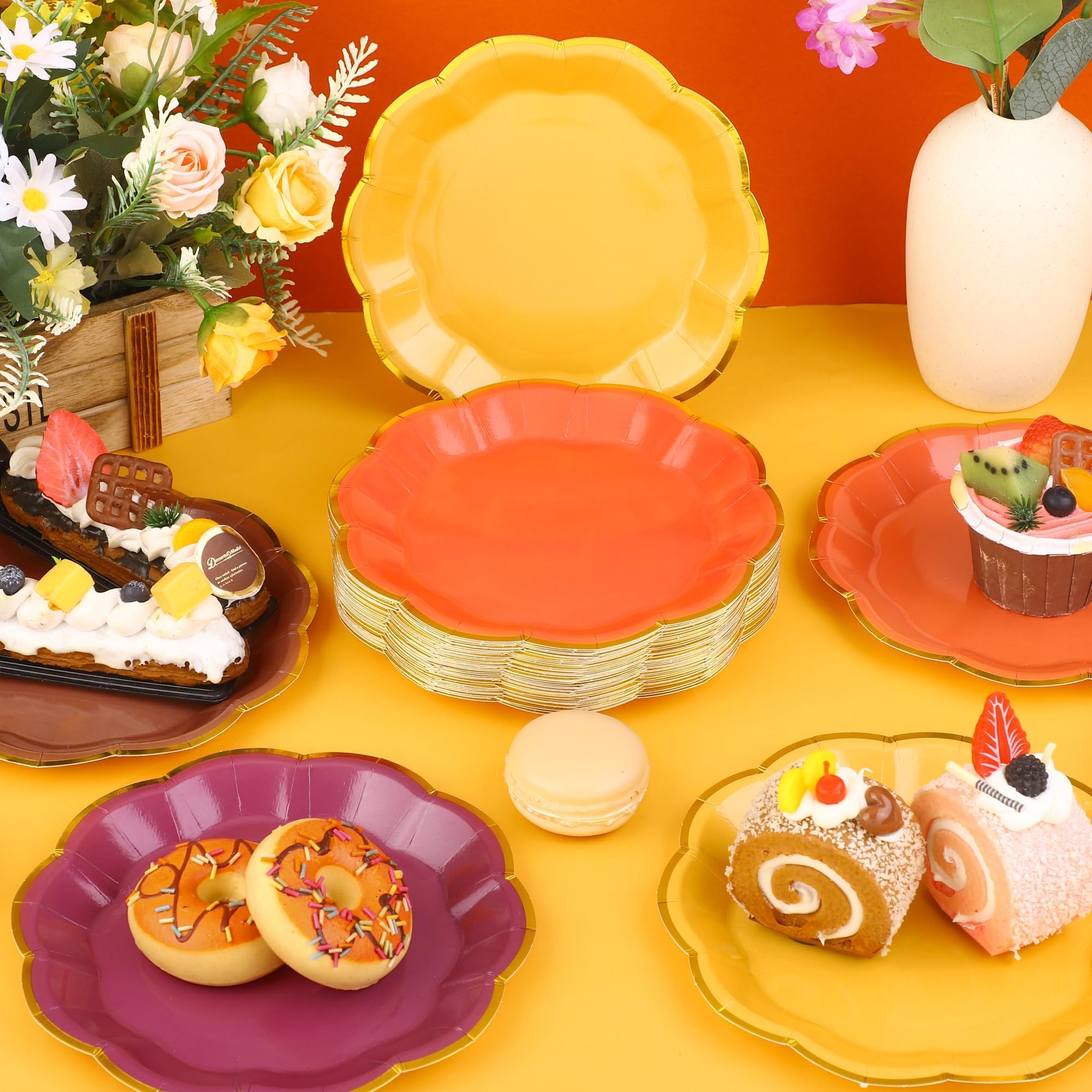 60 PCS Fall Paper Dessert Plates, 7 Inch Thanksgiving Gradient Scalloped Party Plates, Disposable Gold Foil Border Paper Plate f
