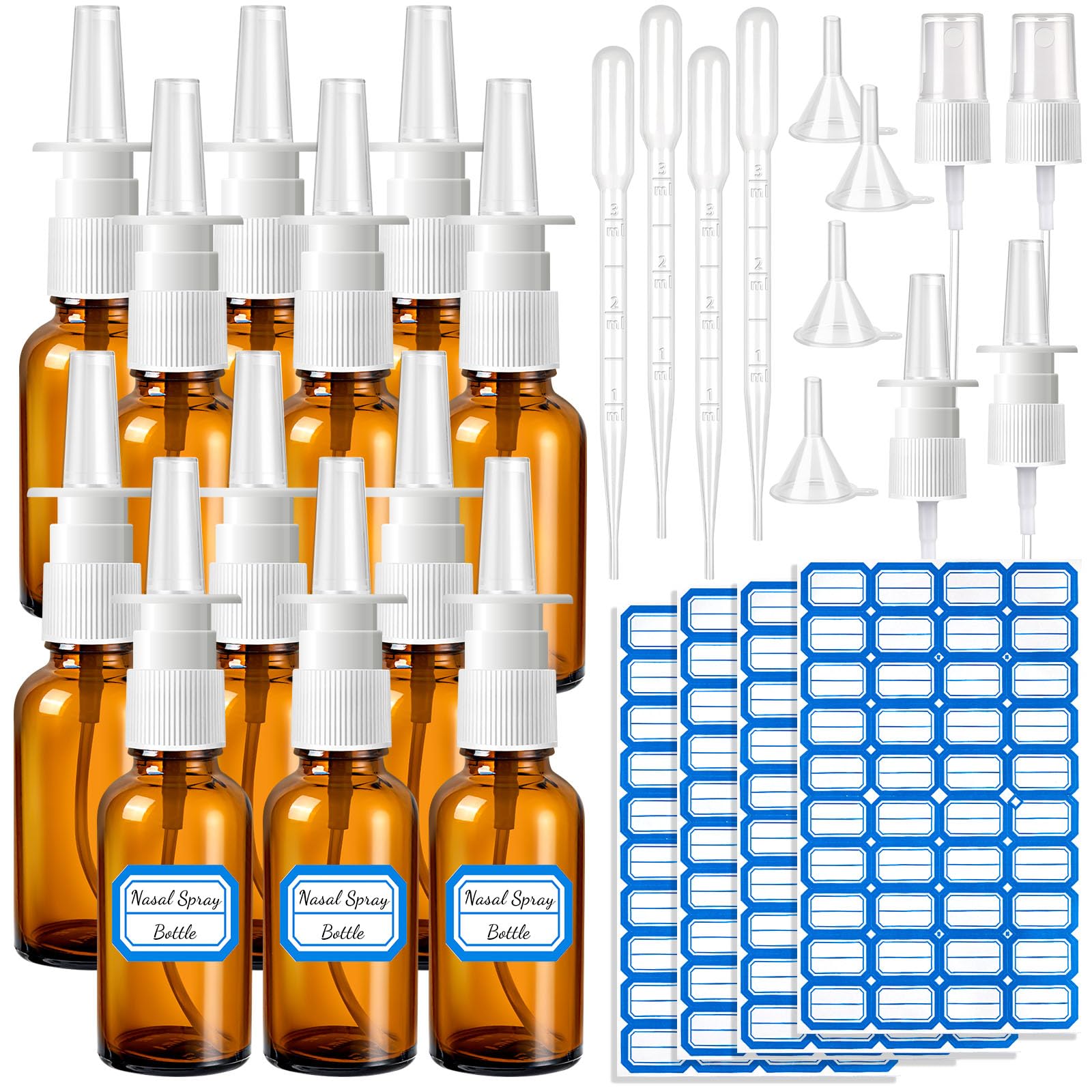Zhwkmyp 28 Pcs Nasal Spray Bottle, 30Ml/1Oz 12 Pcs Empty Refillable Fine Mist Glass Nasal Spray Bottle With 4 Pcs Funnels, Label