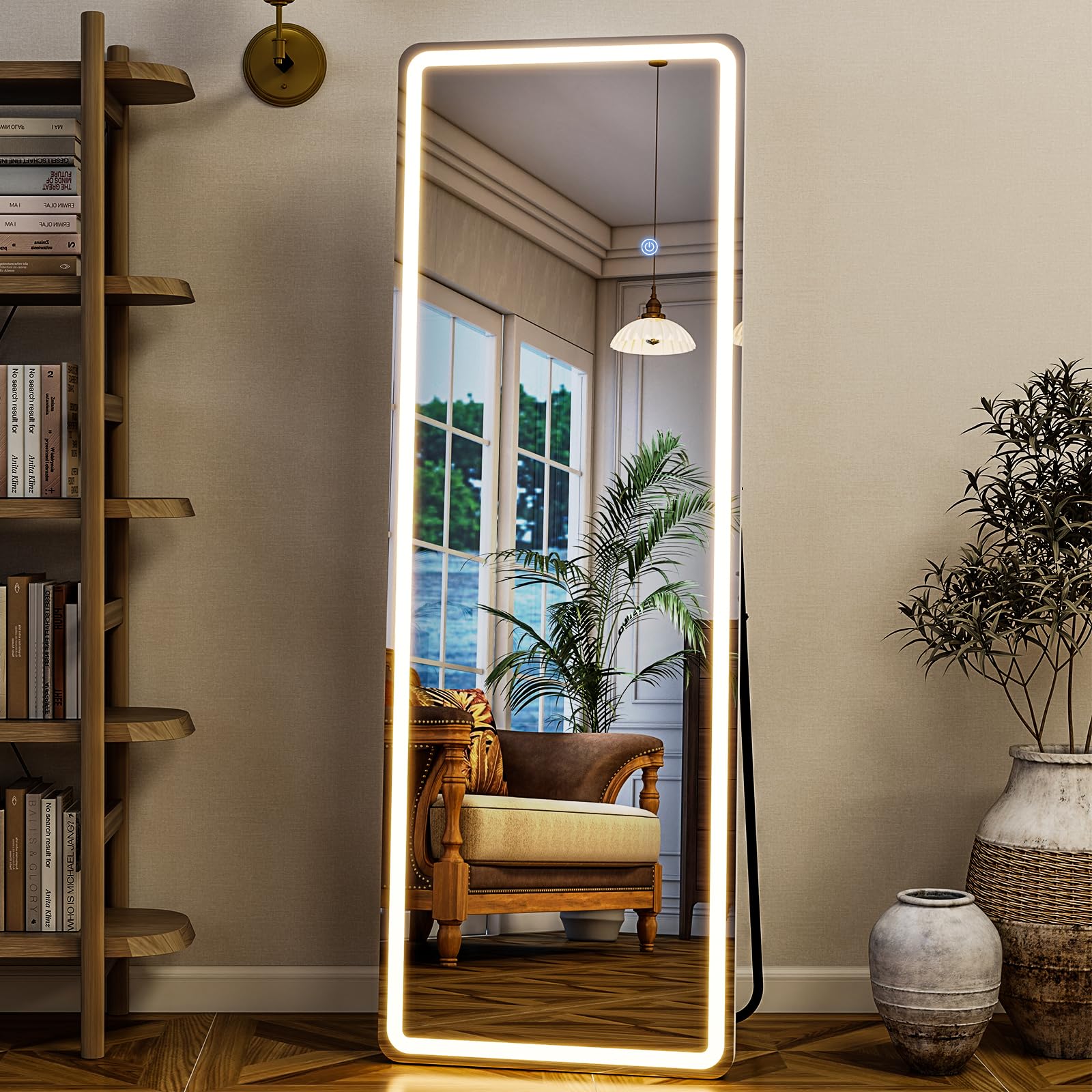 GLSLAND LED Full Length Mirror - 56 x 20 Floor Standing Mirror with Light for Bedroom/Cloakroom -Dimmable & 3 Color Lighting/Wal