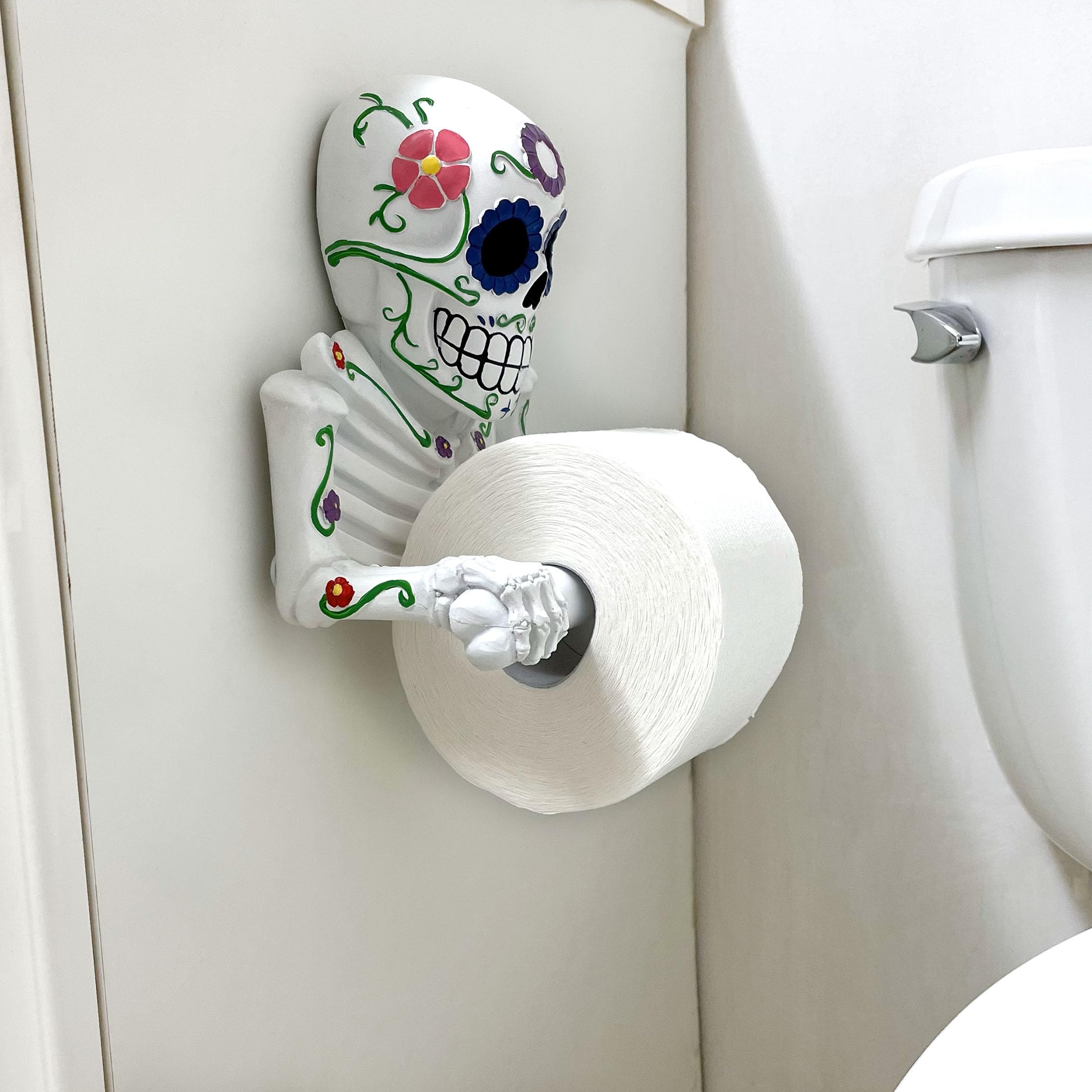 D  A De Los Muertos Vibrant Sugar Skull Skeleton Toilet Paper Holder - Whimsical Bathroom Tissue Dispenser And Novelty Home Deco