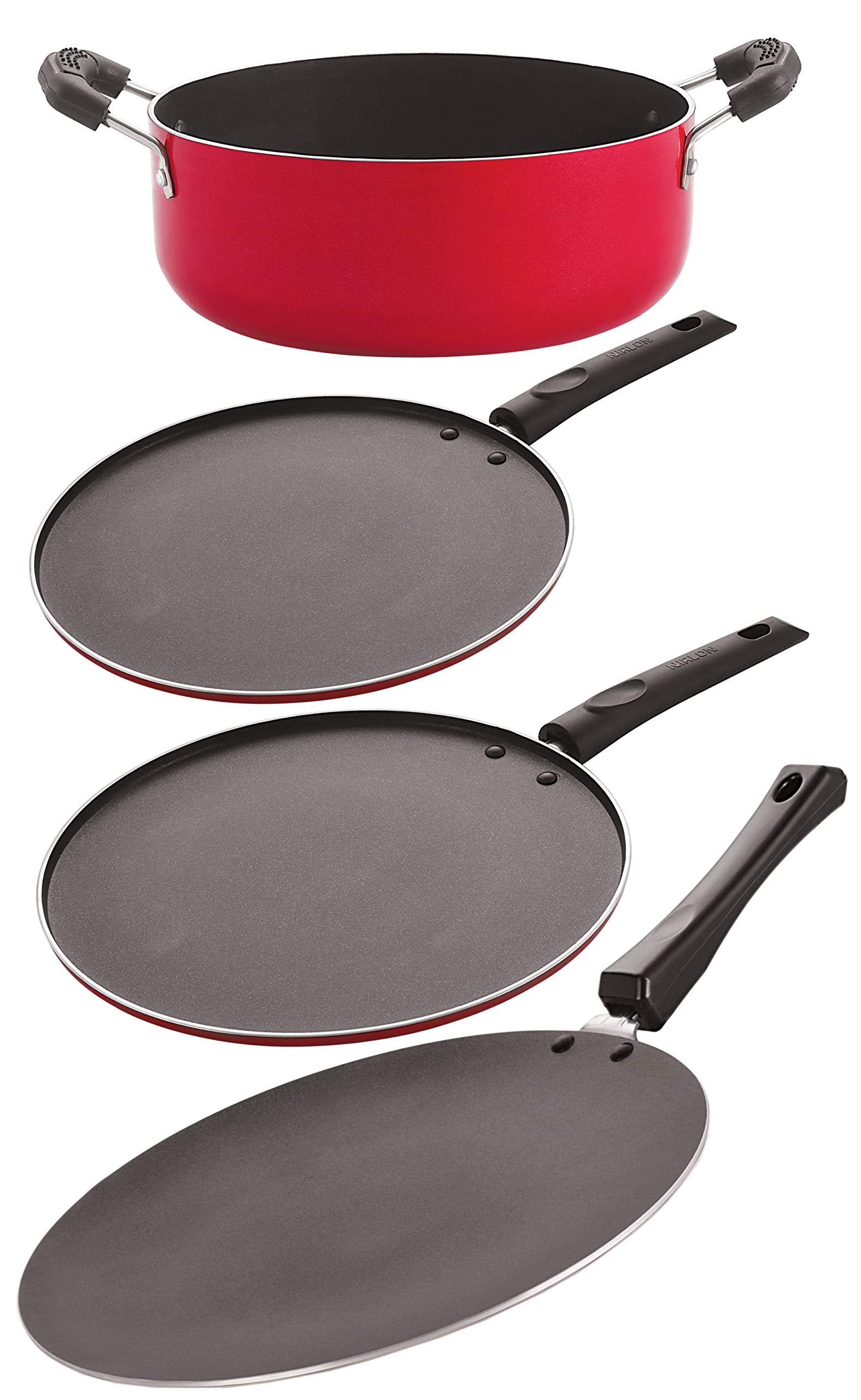 Nirlon NonStick Aluminium Cookware Essential Combo Gift 4 Pieces Set With Bakelite Handle (1 Concave Tawa 27.5Cm /1 Smart Tawa 