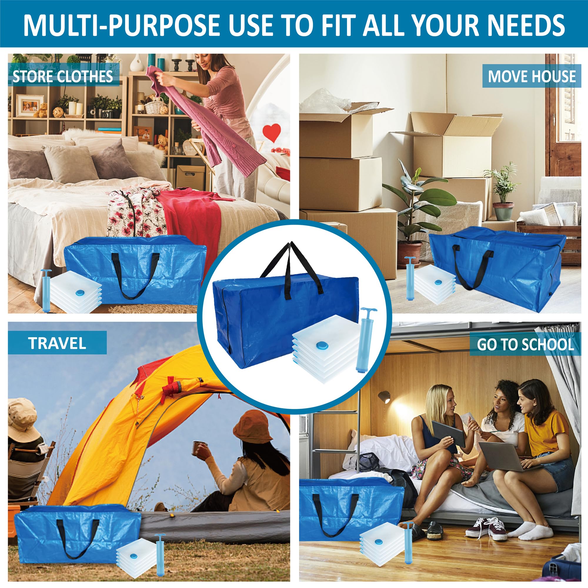 10 Pack Heavy Duty Extra Large Moving Bags with Backpack Straps & Vacuum Storage Bags Moving Supply Combo  Moving Totes with Handles & Zippers for Space Saving  Fold Flat  Includes Vacuum Bags