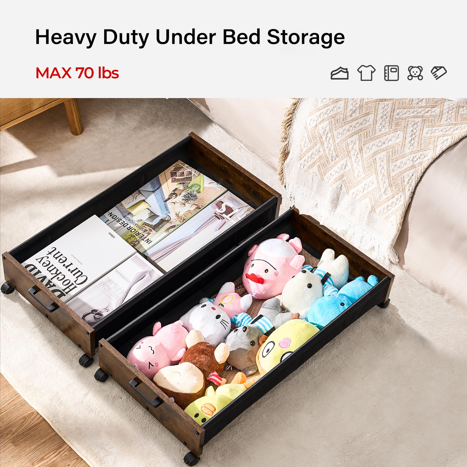 FOUCSSOMEI Under Bed Storage with Wheels, Longer Size 31.5'' in, under bed Storage Containers, Storage Box, Wooden Under Bed Dra