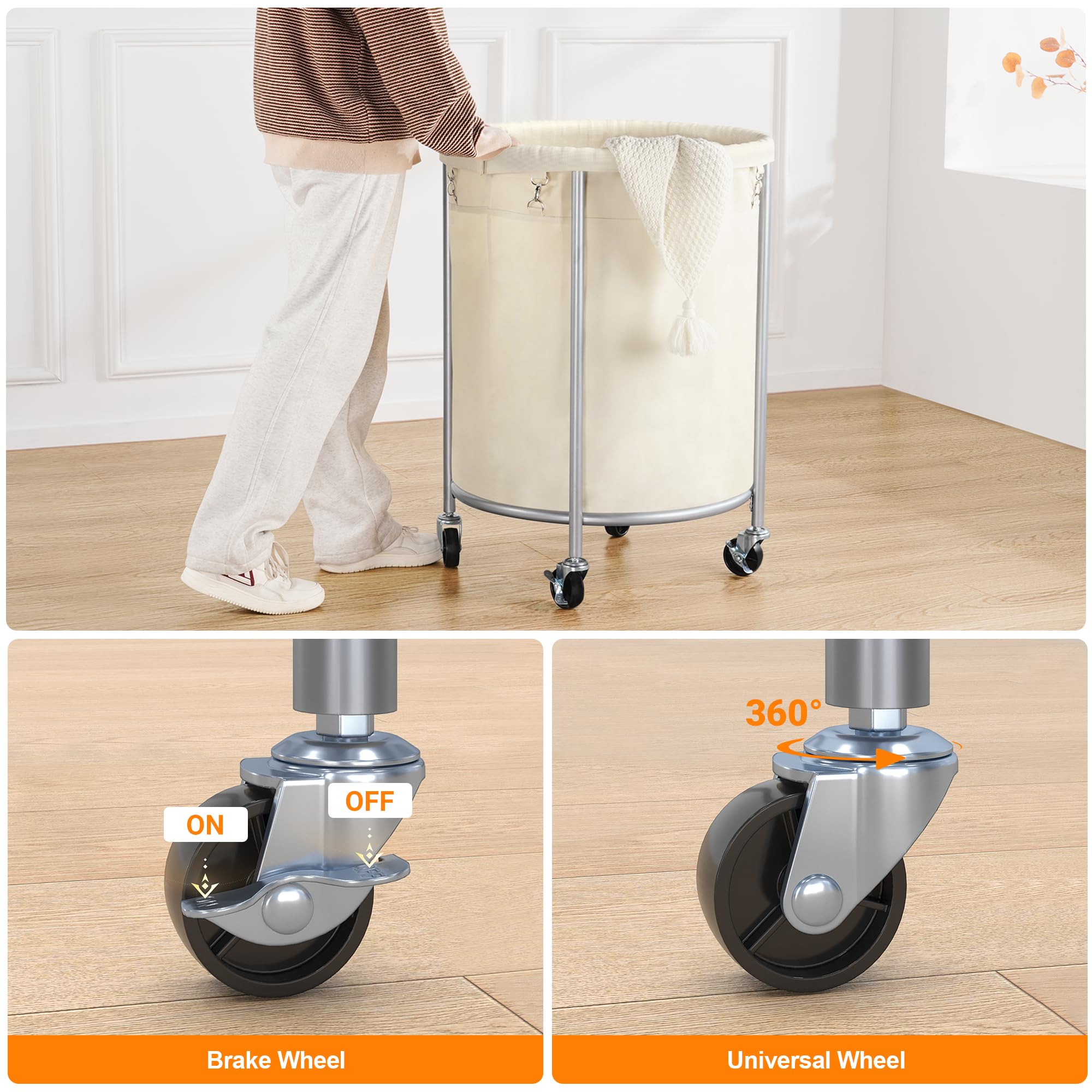 Elyken Laundry Basket With Wheels, 170L Rolling Laundry Hamper With Removable Bag And Steel Frame, Round Laundry Cart With 4 Cas