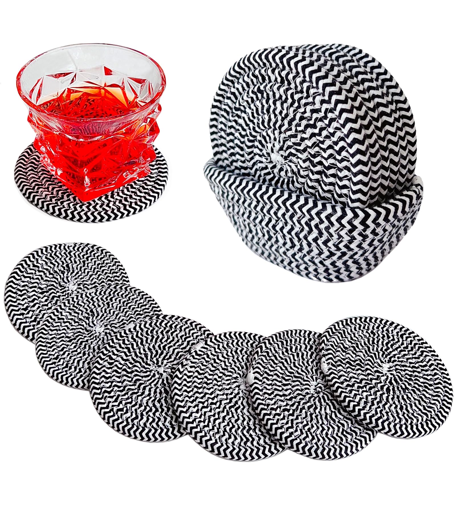 Valdivia Boho Drink Coasters With Storage Basket, Handmade Woven Cotton Absorbent Coaster Set Of 6, Minimalist Home Decor For Co