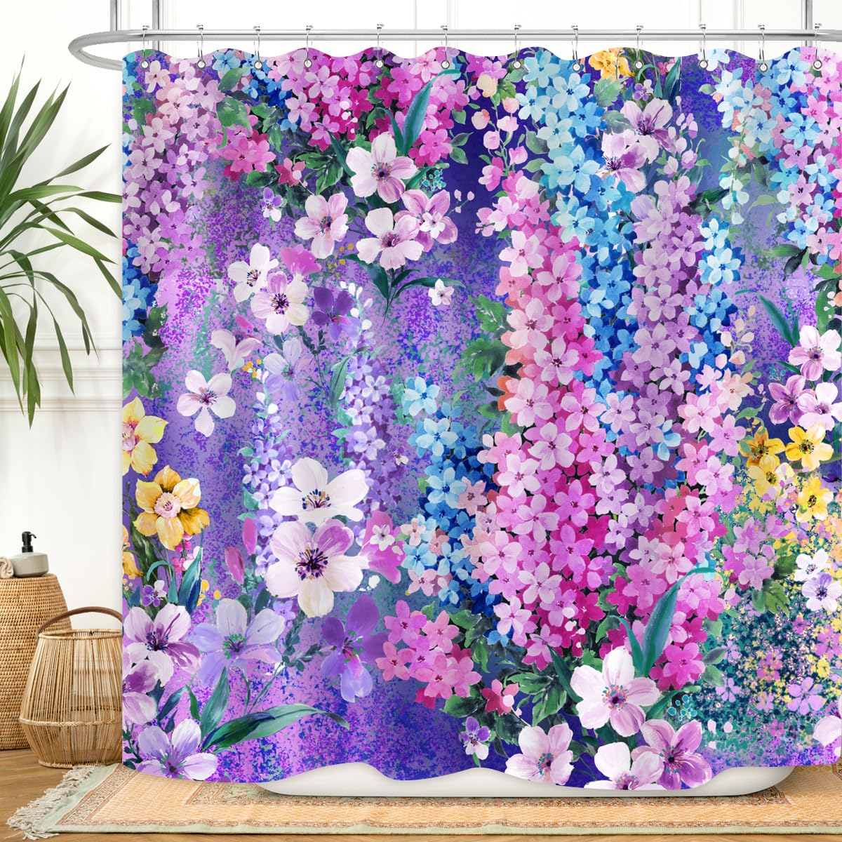 Zxmbf Purple Floral Shower Curtain Watercolor Flowers Bloom Garden Scenery Plant Home Bathroom Decor Waterproof Fabric 72Lx72W I