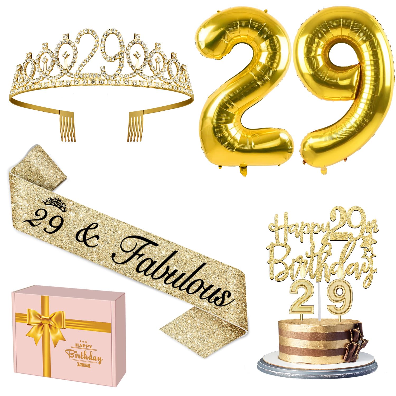 29th Birthday Decorations for Women Gold with 29th Birthday Tiara and Sash, Cake Topper and Candles, Number Balloons, 29 Year Ol