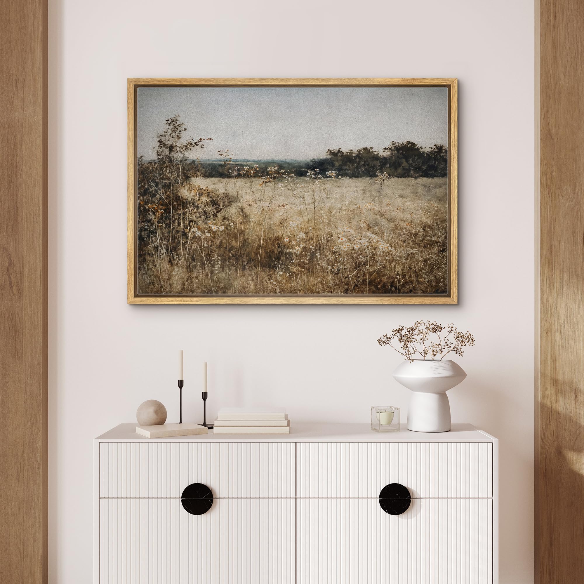 Signford Framed Canvas Print Wall Art Rustic Wildflower Meadow Landscape Nature Wilderness Illustrations Modern Art Decorative M