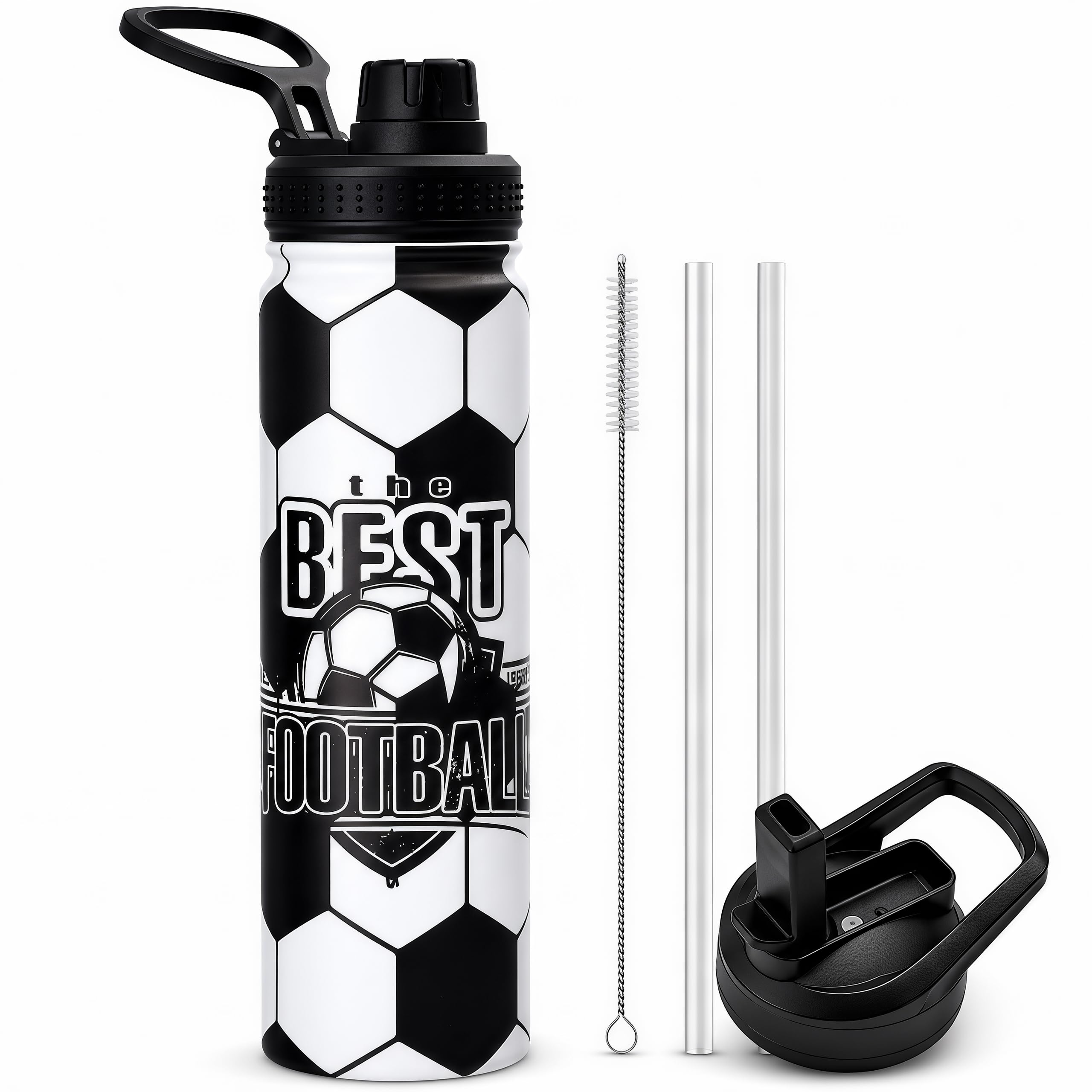 Soccer Water Bottle, 24 oz Insulated Stainless Steel Sports Bottle with Straw, Soccer Stuff Gifts for Boys