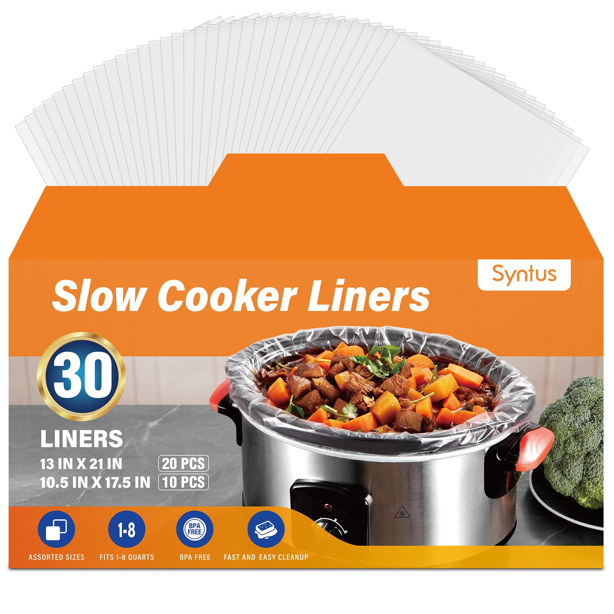 Syntus 30 Pcs Slow Cooker Liner, 10.5x17.5 and 13x21 Fit 18 Quart Pots