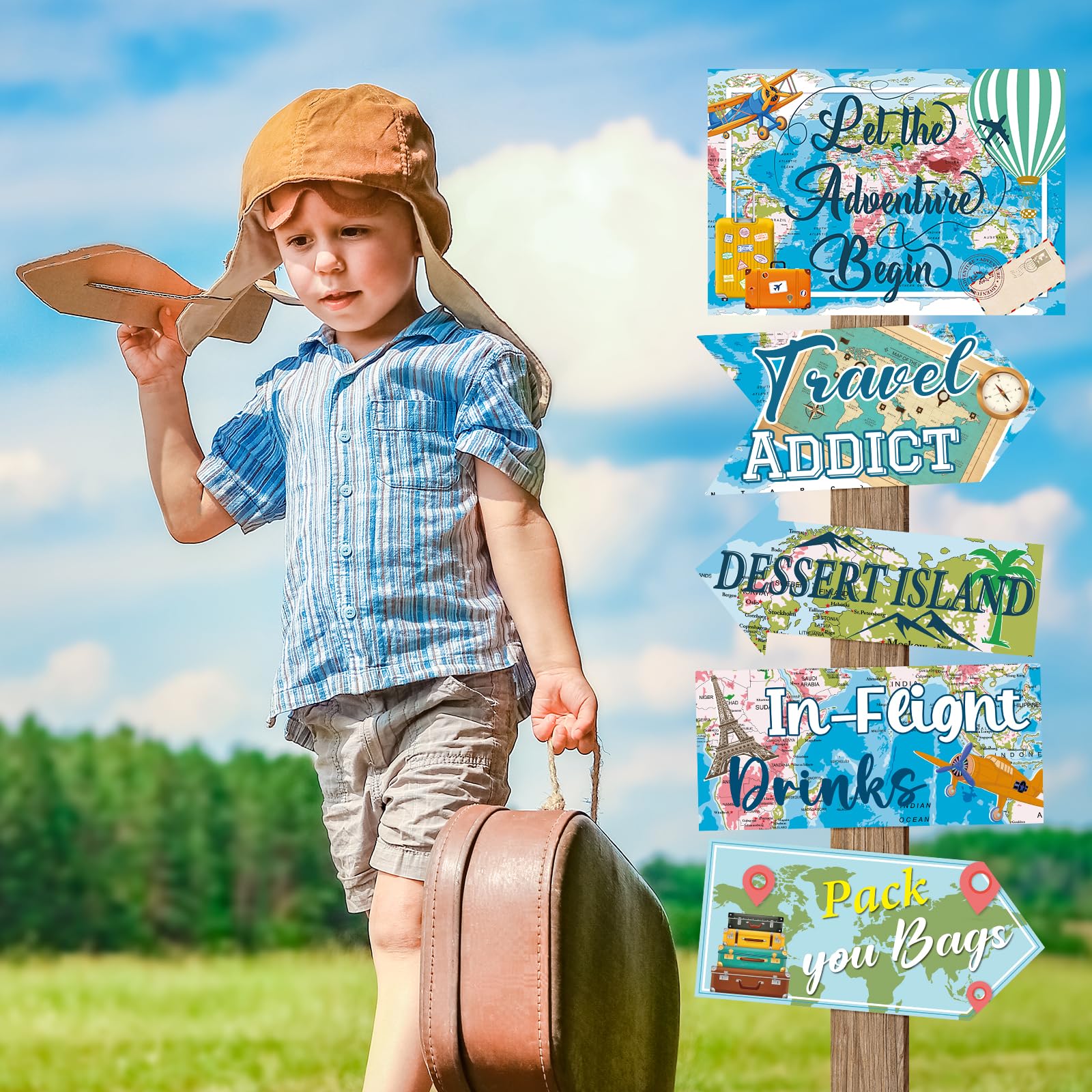 20 Pieces Travel Party Signs Travel Themed Party Decorations Let The Adventure Begin Sign Around the World Decorations Bon Voyag