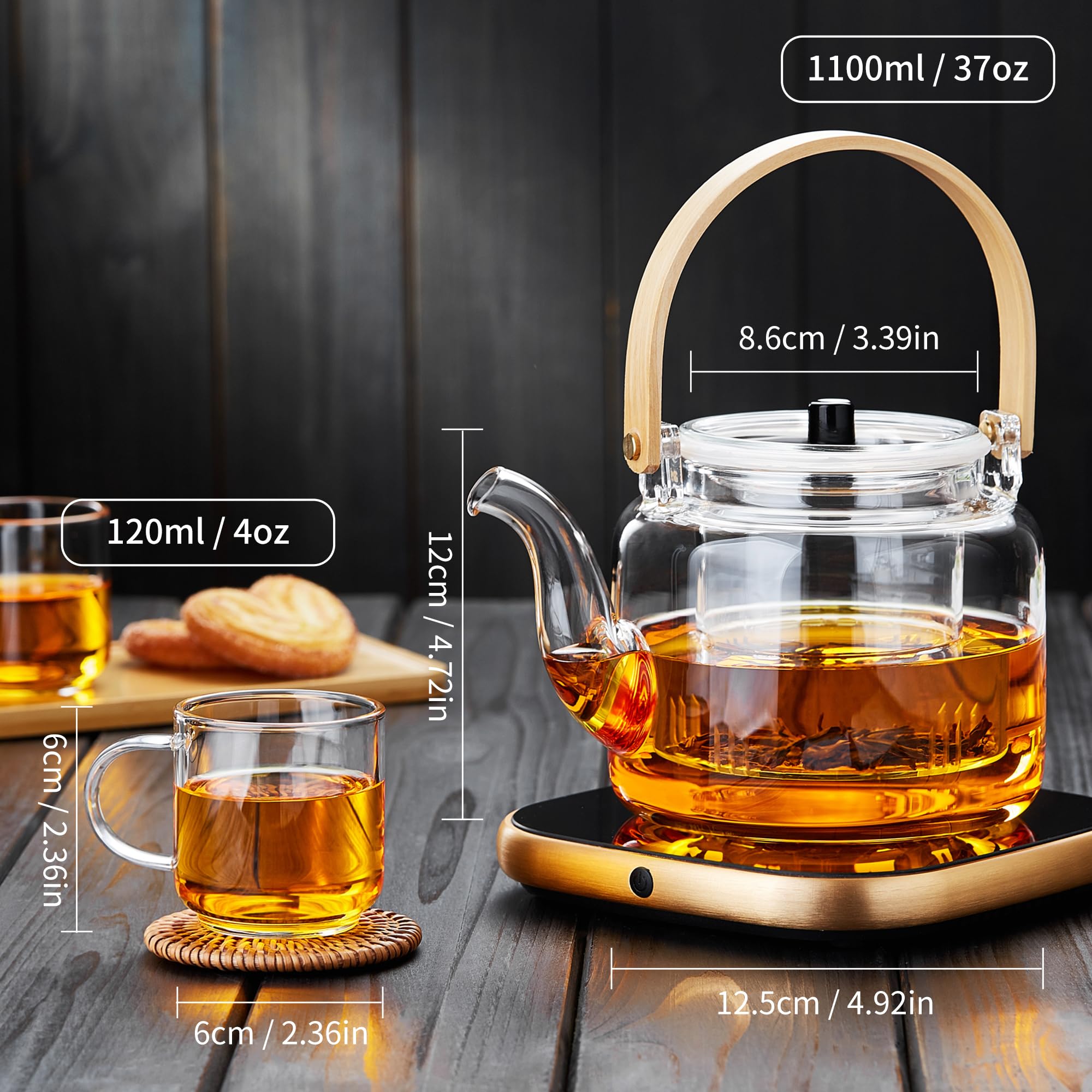 Unbreakable Glass Teapot Set - 37OZ Borosilicate Tea Kettle with 4 Double Wall Teacups, Clear, Model Y1-5511-1, Stov