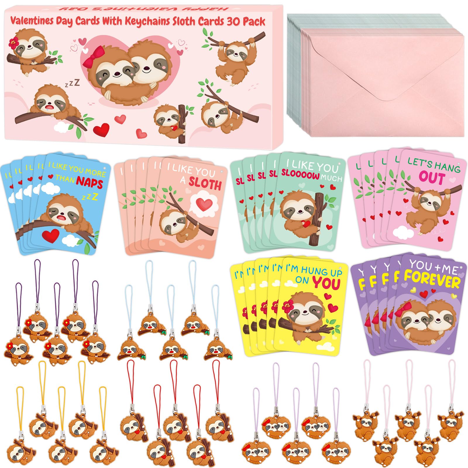 30Pcs Valentines Cards Classroom Kids Sloth Valentines Day Cards With Keychains Valentine Gift Set Exchange Boys Girls Goody Bag