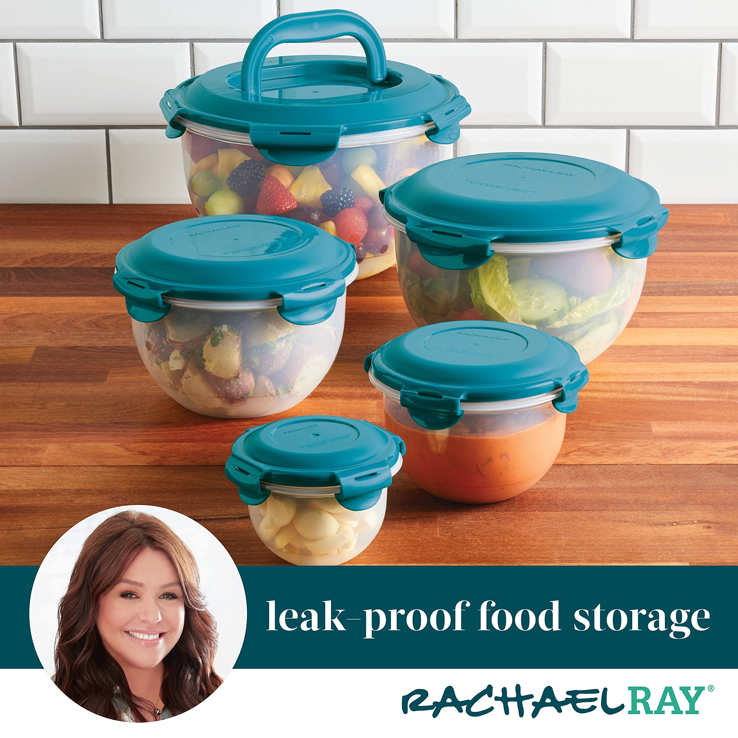 Rachael Ray Leak-Proof Nestable Container Food Storage Bin Set, 10-Piece, Clear With Teal Lids