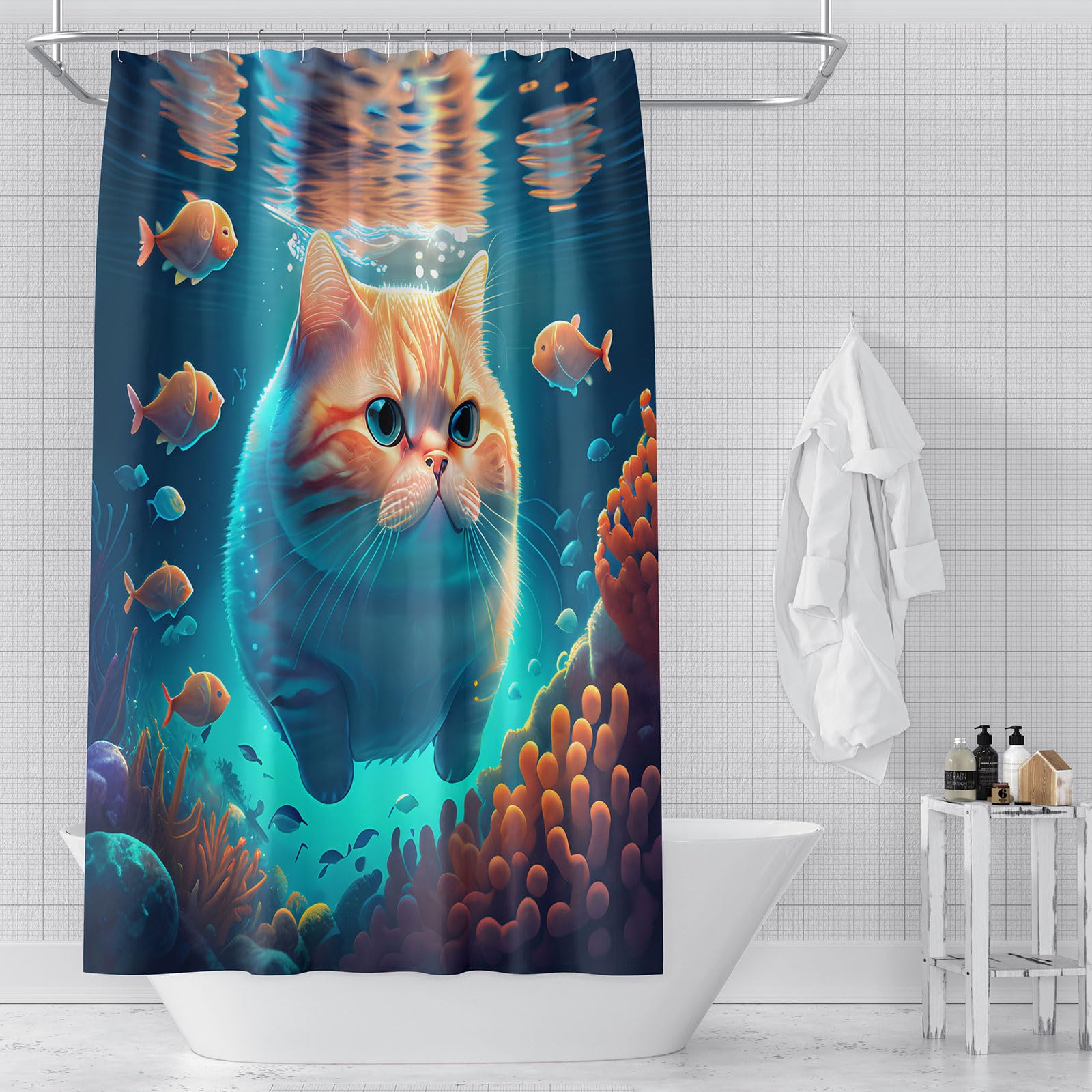 Dds-Dudes Cute Cat Shower Curtain Set For Kids Bathroom, Funny Orange Garfield Swimming And Fish In Sea Fabric Decor Waterproof