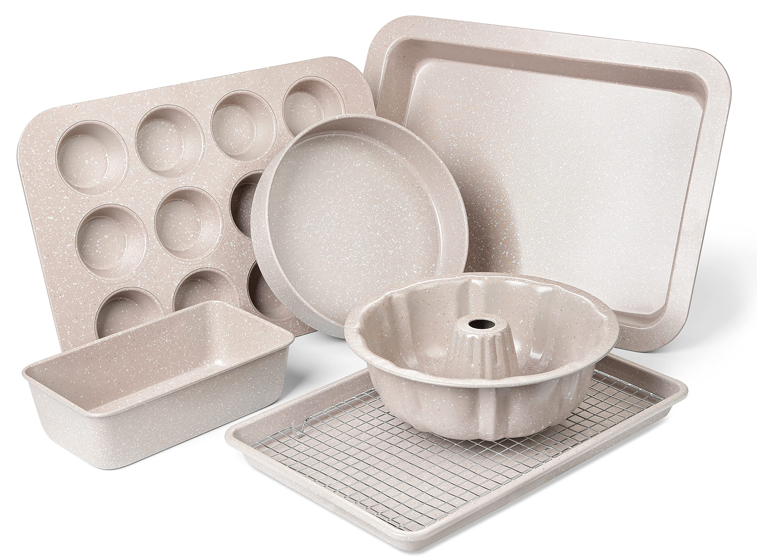 Nonstick Bakeware Set - 7 Piece Oven Bakeware With Cookie Sheet, Cake Pan, Loaf Pan, Muffin Pan, Roaster, Cooling Rack - Ptfe &